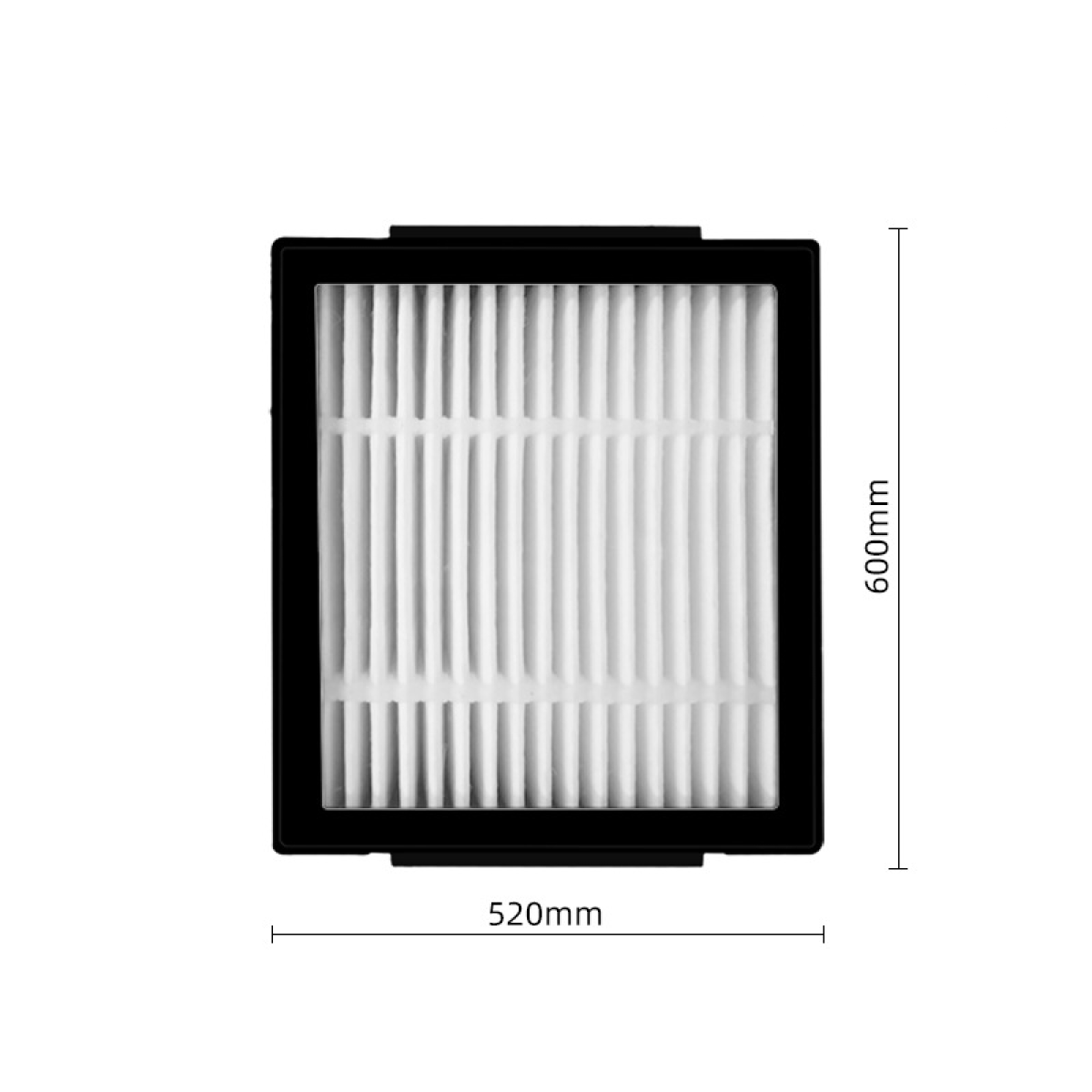 Prostokątny filtr powietrza z czarną ramką i białym papierem filtracyjnym. Pokazano wymiary.