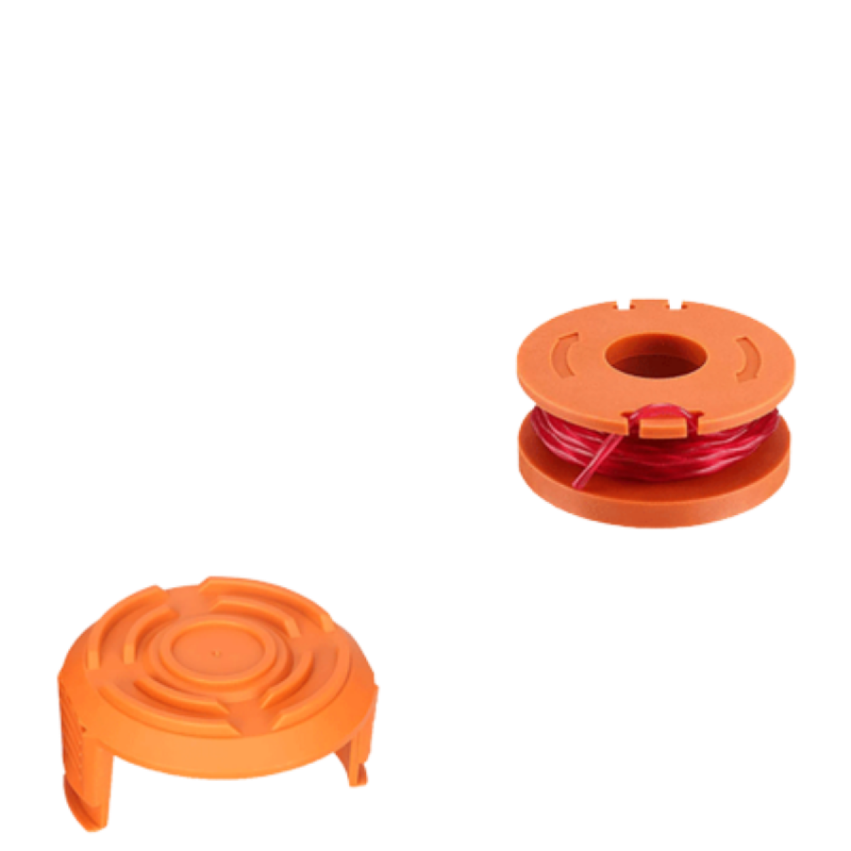 Drie oranje trimmeronderdelen op zwarte achtergrond: spoel, spoel met rood draad en deksel.