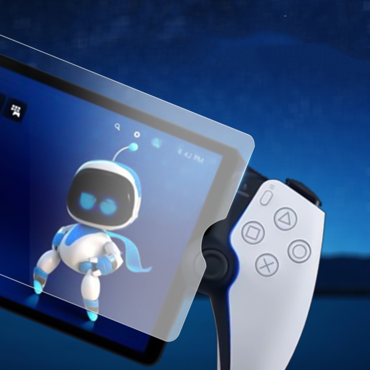 Kontroler PlayStation i ekran z postacią robota. Niebieskie tło.