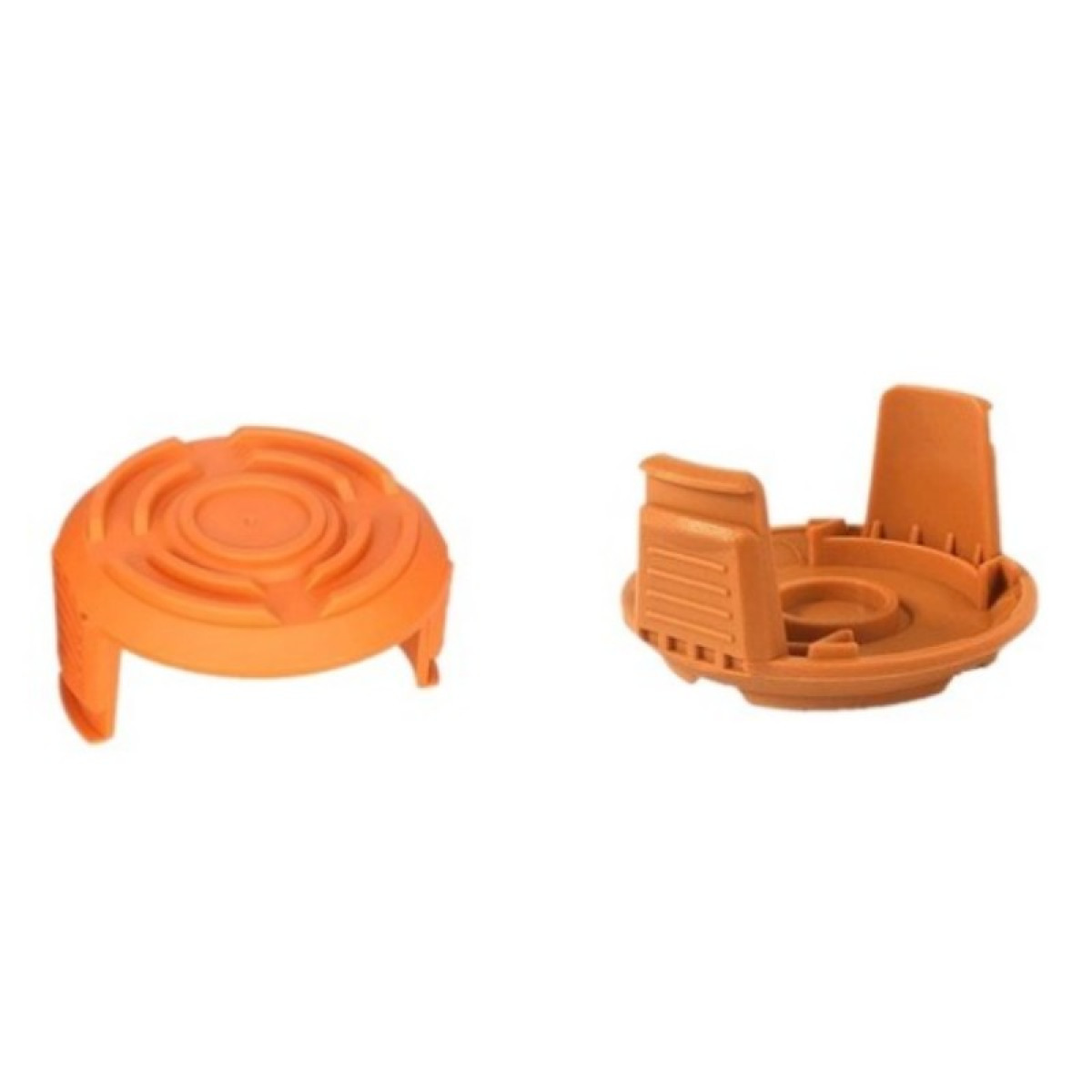 Twee oranje plastic grasmaaier onderdelen, een rond en een met zijsteunen.