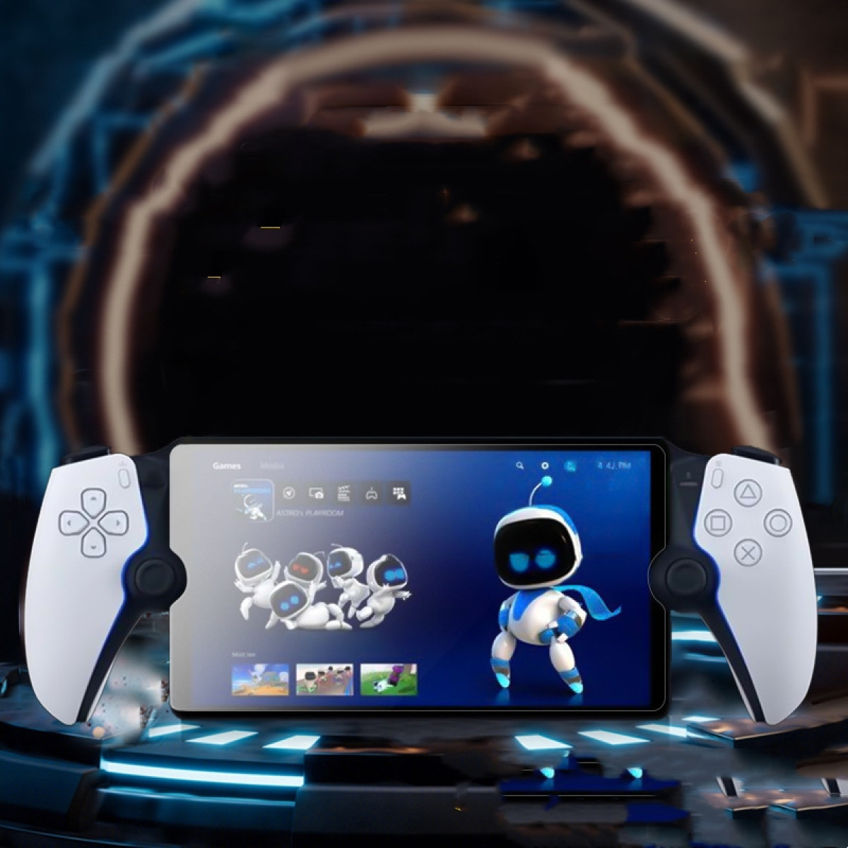 Przenośne urządzenie do gier z ekranem pokazującym grę, trzymane przez kontrolery o niebiesko-białym wyglądzie.