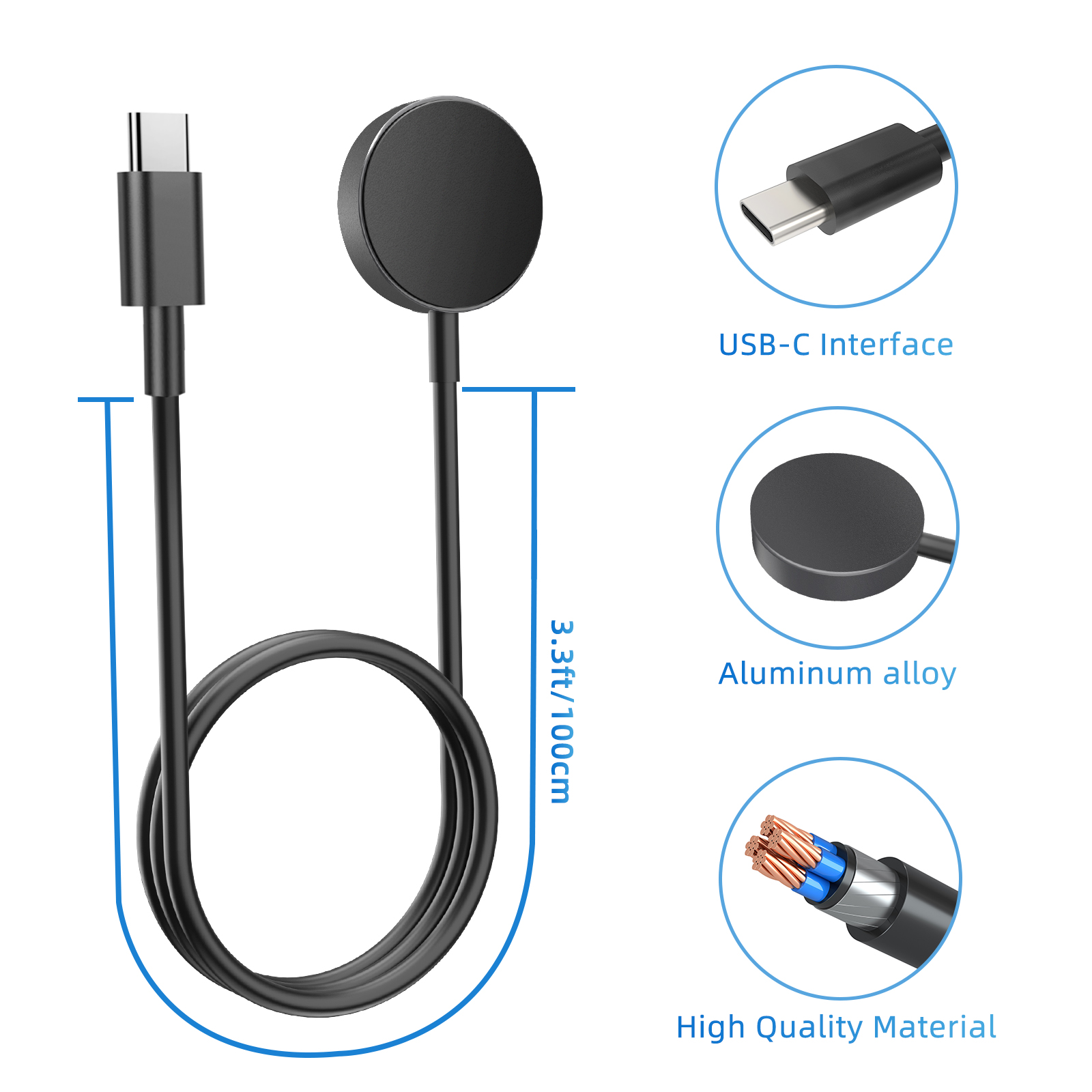 Czarna ładowarka USB-C z czarnym kablem i tekstem opisującym jej funkcje.