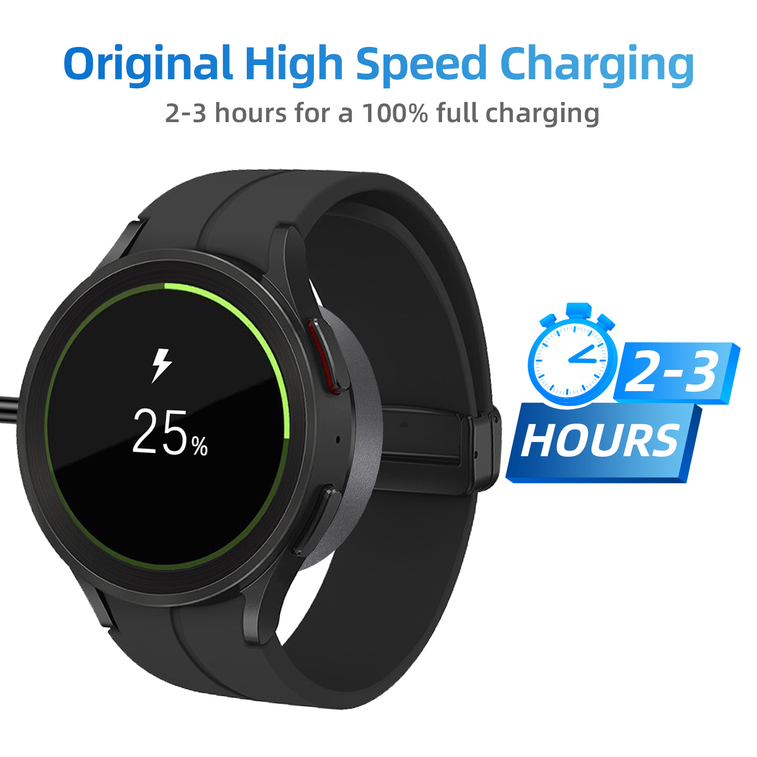 Czarny smartwatch ładujący się na stacji dokującej, pokazujący 25% baterii.