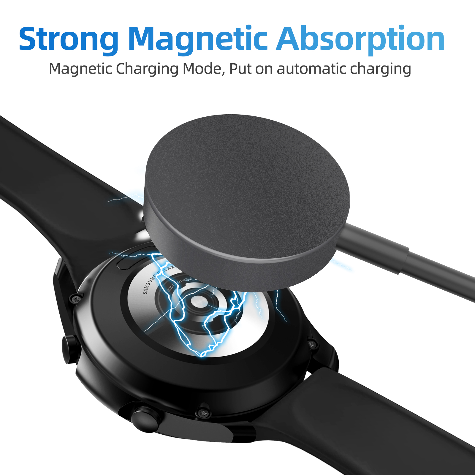 Czarny smartwatch na podkładce ładującej. Niebieskie linie pokazują ładowanie magnetyczne.