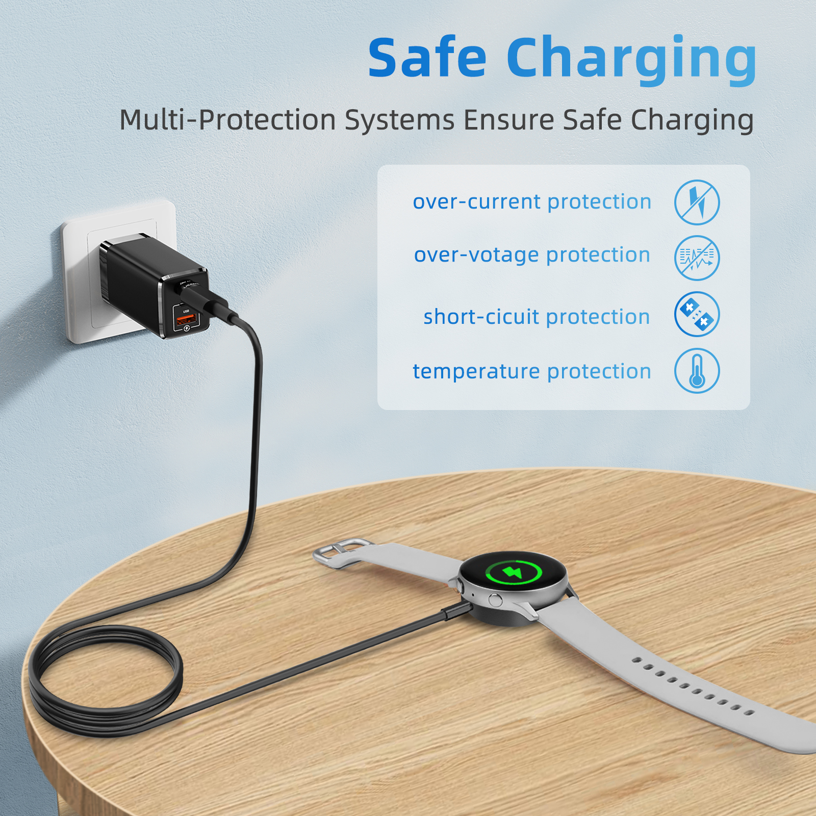 Stacja ładująca ze smartwatchem i ikonami wskazującymi funkcje ochronne. Drewniany stół.