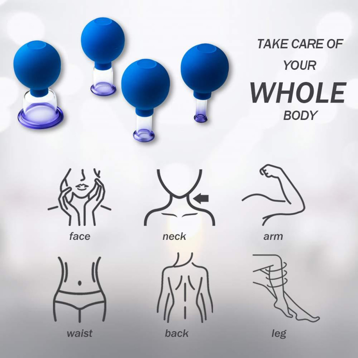 Set di coppettazione con coppe blu, e icone di parti del corpo: viso, collo, braccio, vita, schiena, gamba.