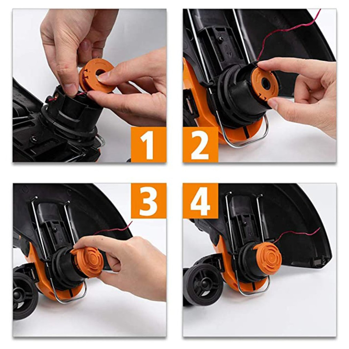Vier afbeeldingen met de stappen voor het monteren van een trimmertop. Oranje en zwarte onderdelen.