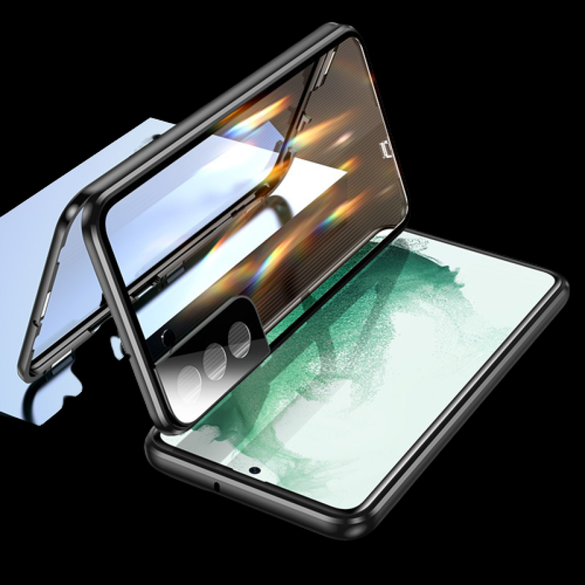 Eine Handyhülle mit einem Telefon darin, mit schwarzem Rahmen und Glasscheibe.