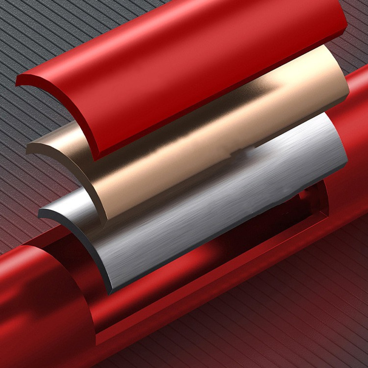 Przekrojony widok czerwonego kabla pokazujący wewnętrzne warstwy czerwieni, brązu i srebra.