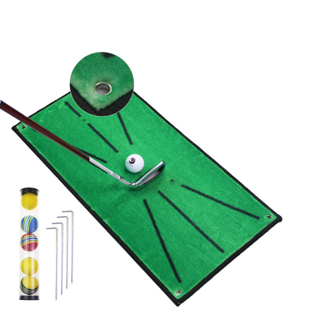 Golf-Übungsmatte mit Golfball und Schläger, mit Zubehör.