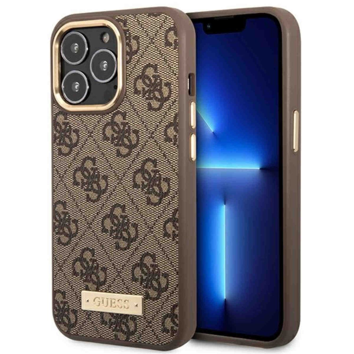 Een telefoonhoesje met een bruin patroon en een telefoon met een blauw scherm.
