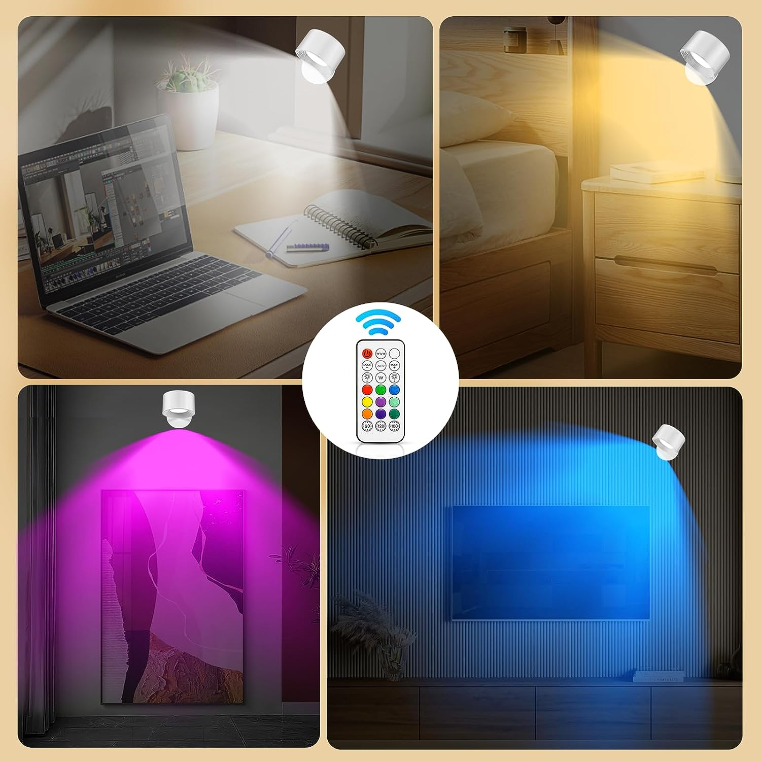 Cztery obrazy pokoju ze światłami. Pilot znajduje się pośrodku. Każdy pokój jest oświetlony innym kolorem.