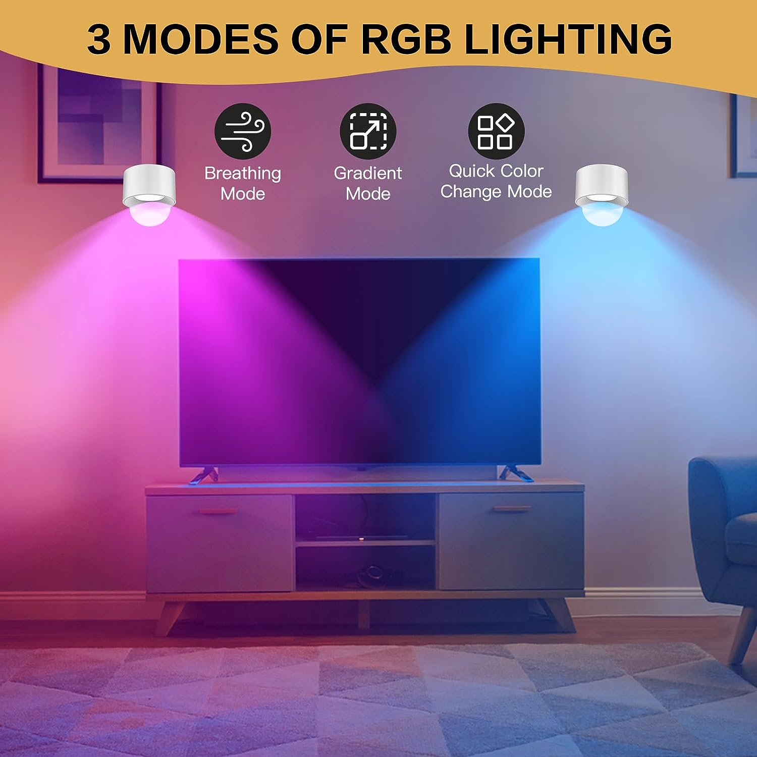 Telewizor z trybami oświetlenia RGB: oddychanie, gradient i szybka zmiana koloru.