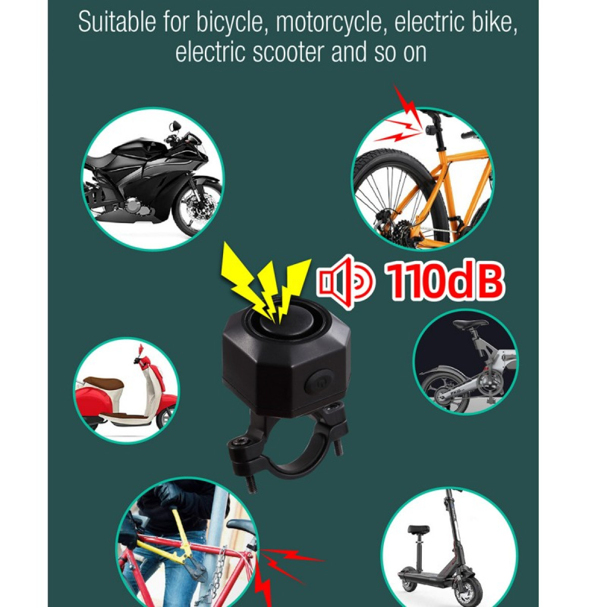 Alarm rowerowy z kilkoma obrazami rowerów i skuterów. Wyświetla głośność 110dB.