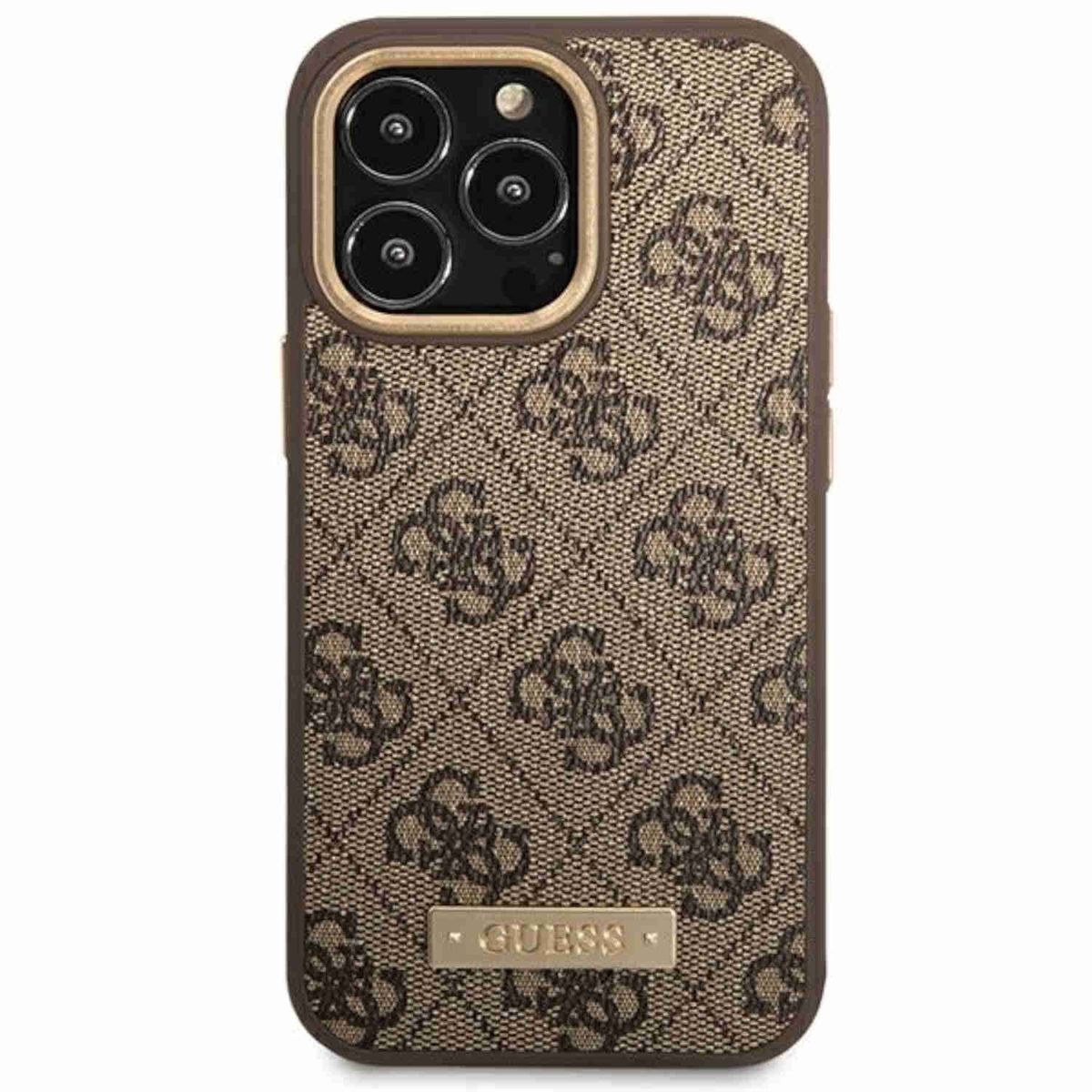 Een telefoonhoesje met een bruin patroon, een gouden frame en een 'GUESS'-logo.