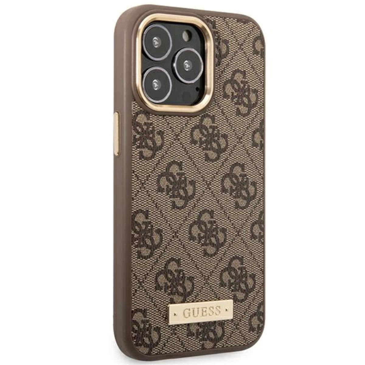 Bruine Guess telefoonhoes met een patroon en een gouden rand.