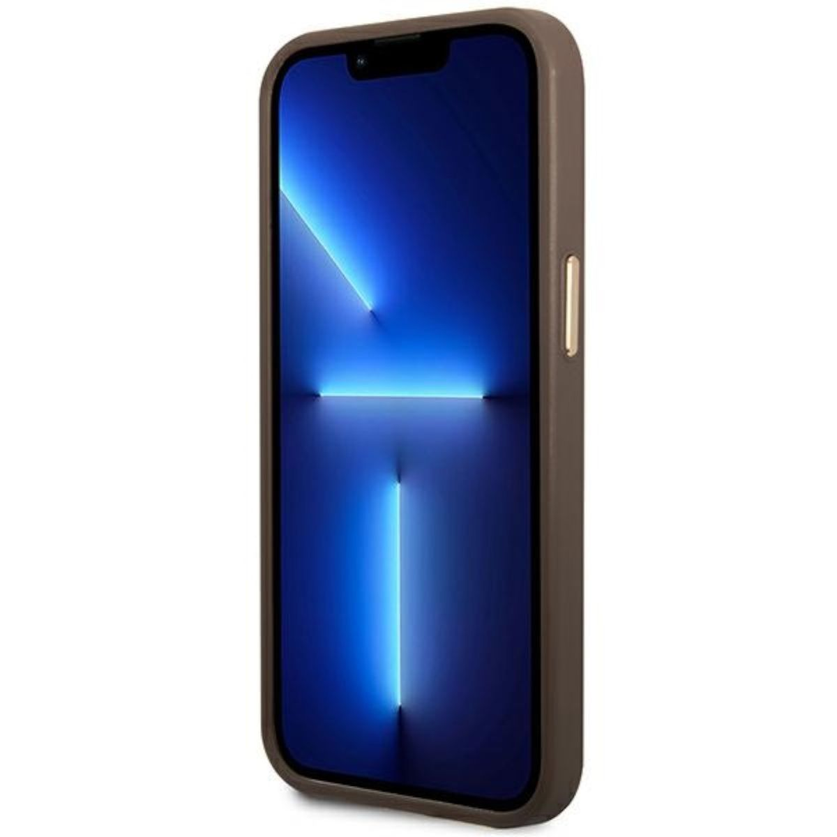 Een mobiele telefoon in een bruine hoes met het scherm dat een blauw-witte afbeelding toont.