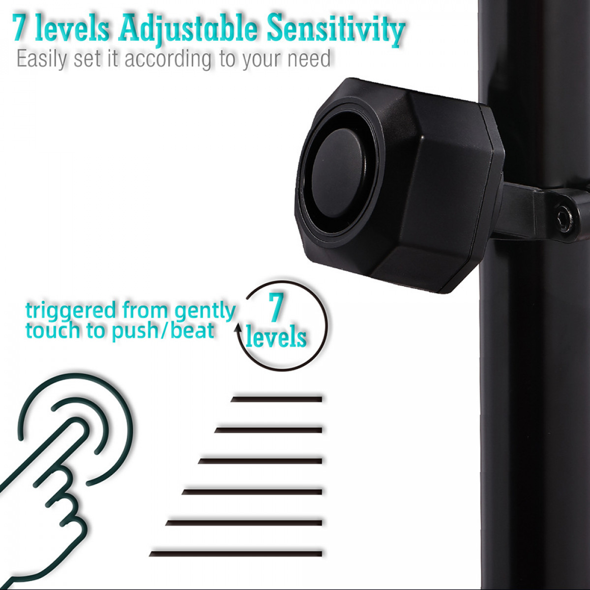 Czarne urządzenie z 7 poziomami czułości. Palec dotyka ikony dłoni.