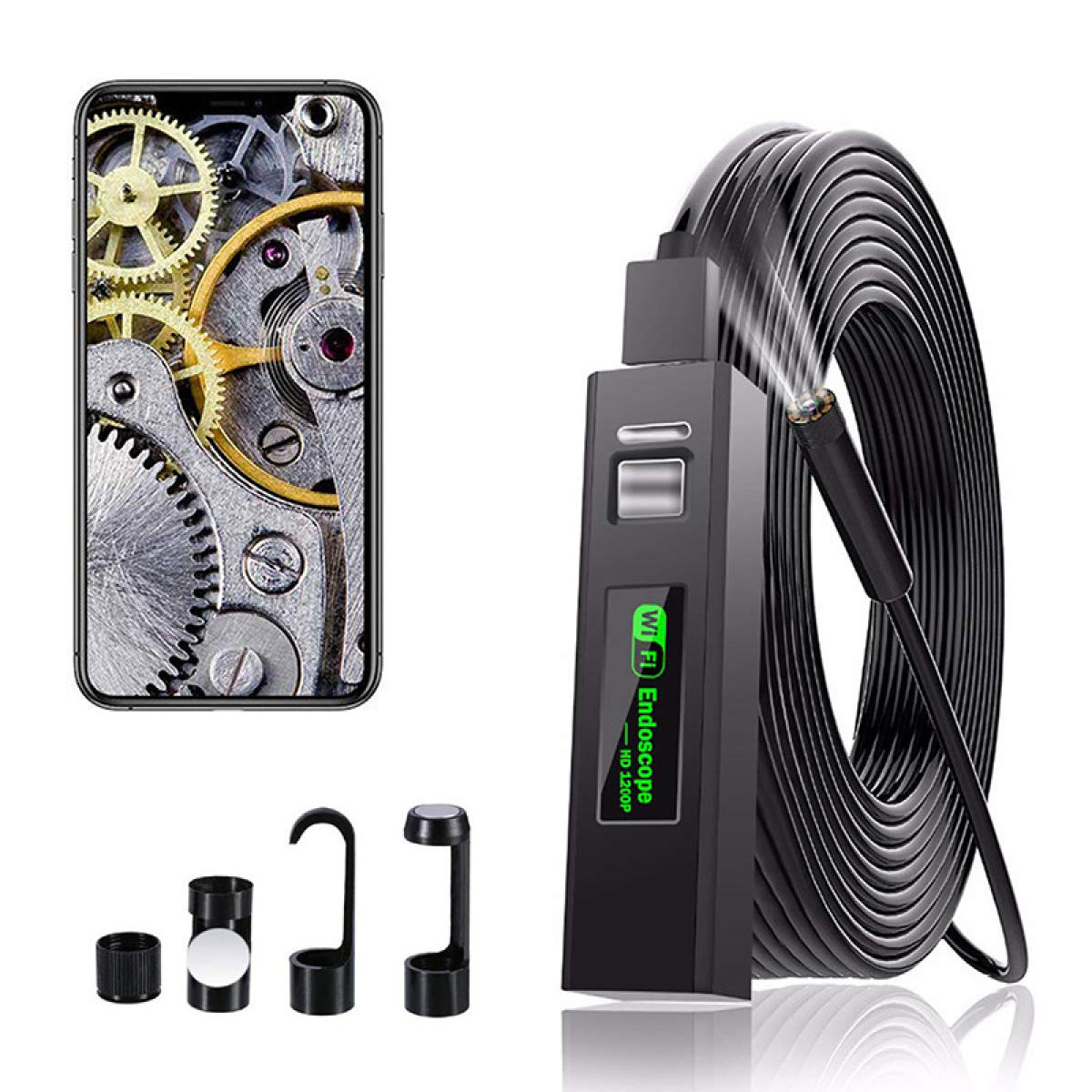 Endoskop und Telefon mit Zahnrädern, Zubehör enthalten.