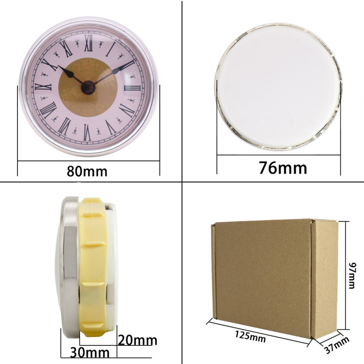 Zifferblatt mit römischen Ziffern, Abmessungen beschriftet. Box und Seitenansicht der Uhr ebenfalls.