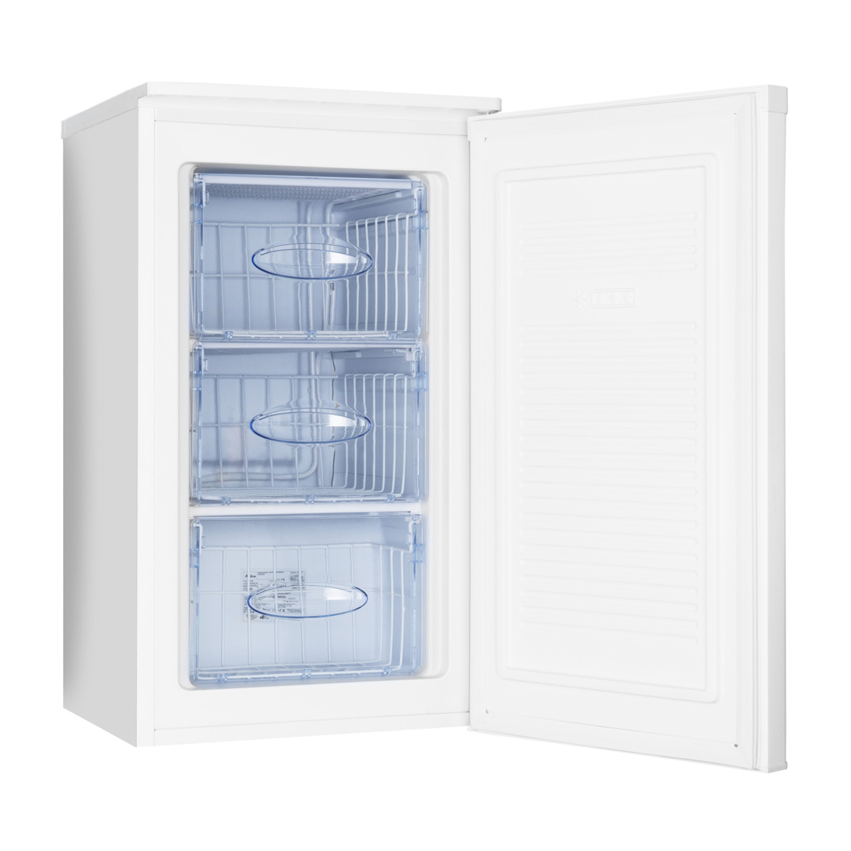 Biała zamrażarka z otwartymi drzwiami, ukazująca trzy niebieskie szuflady.
