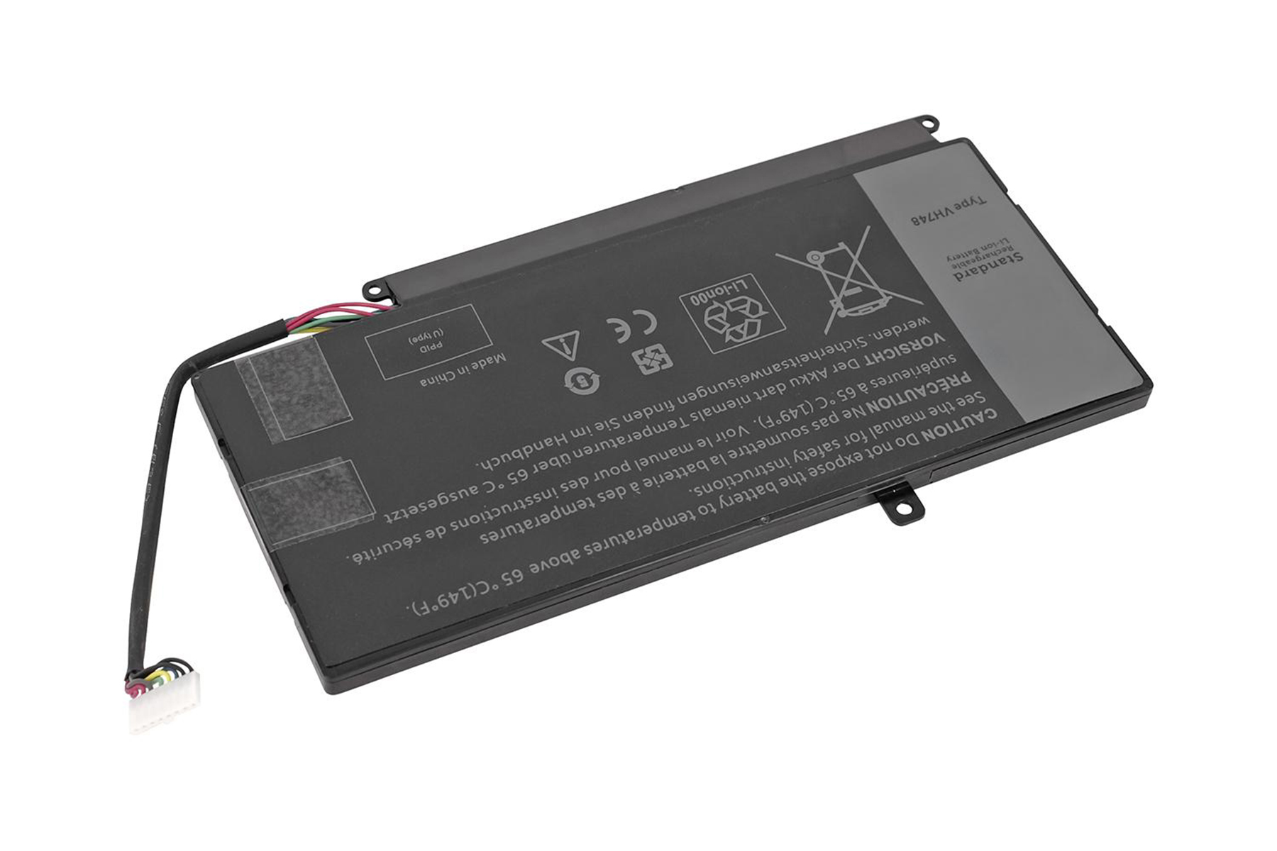 Laptop-Akku mit Warnhinweisen und einem Anschlusskabel.