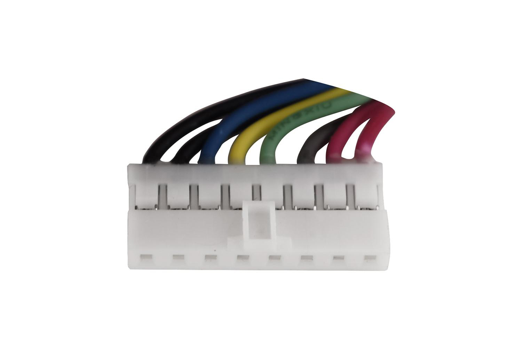 Weißer Stecker mit mehreren farbigen Drähten: schwarz, blau, gelb, grün und rot.