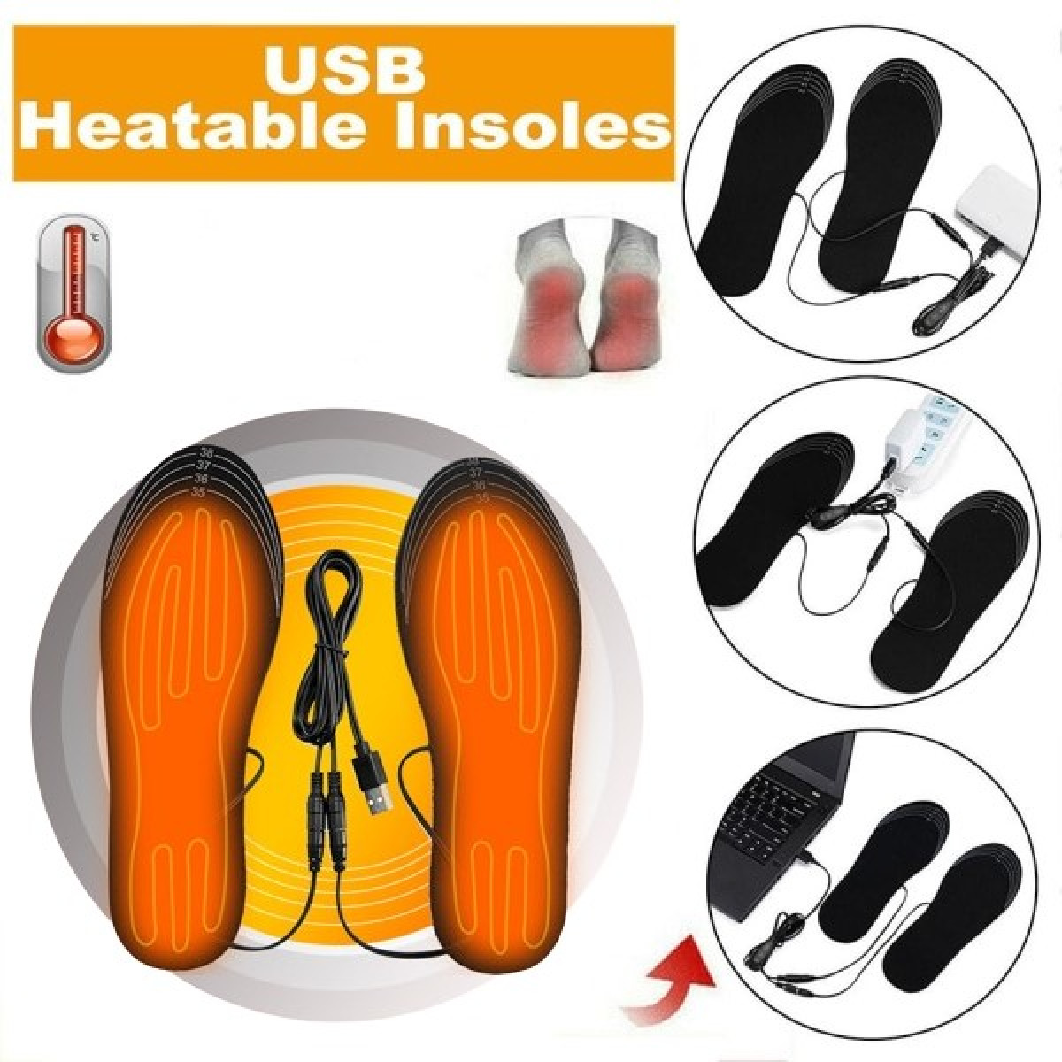 USB heated insoles with accessories, white background.