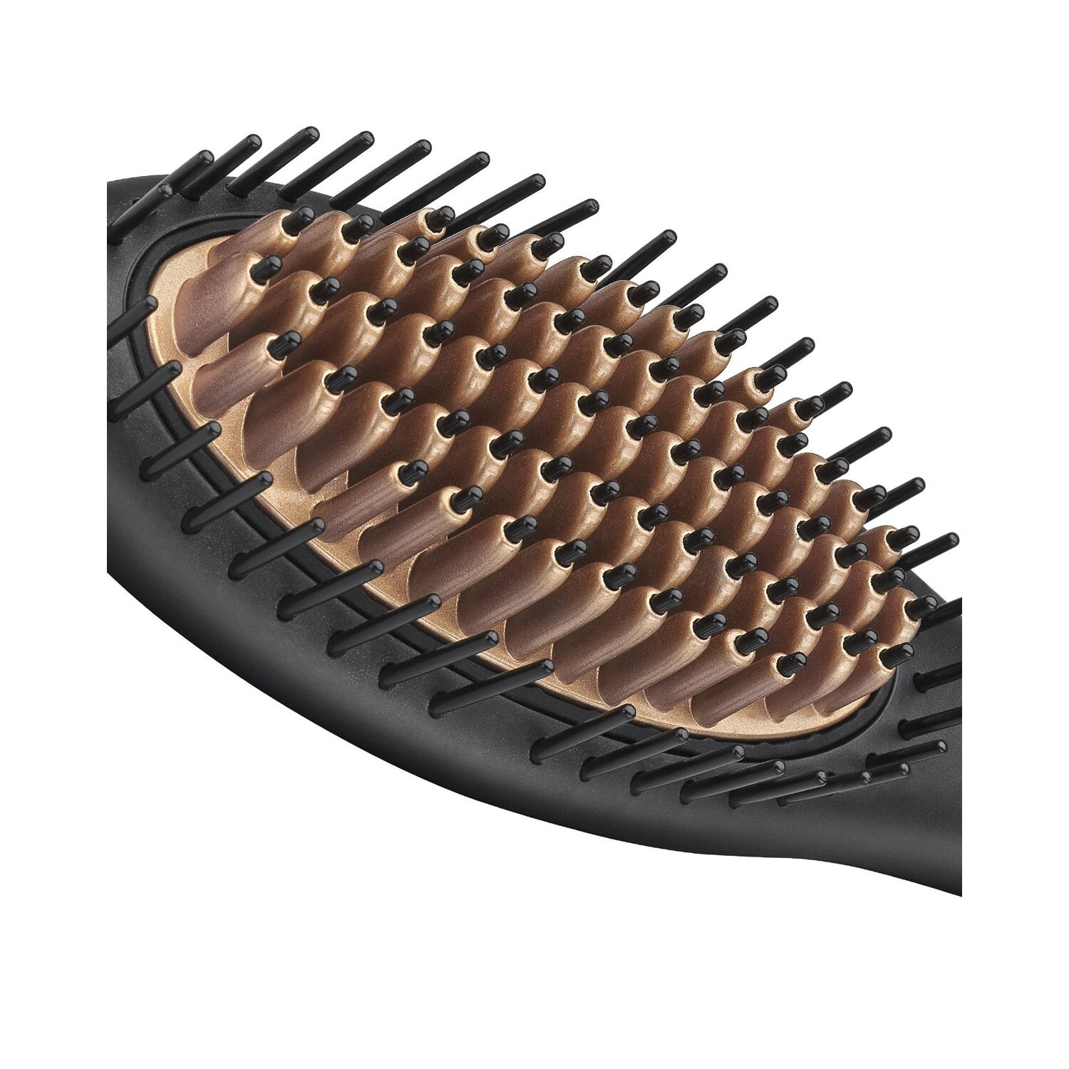 Eine schwarze Haarglättungsbürste mit vielen goldfarbenen Borsten.