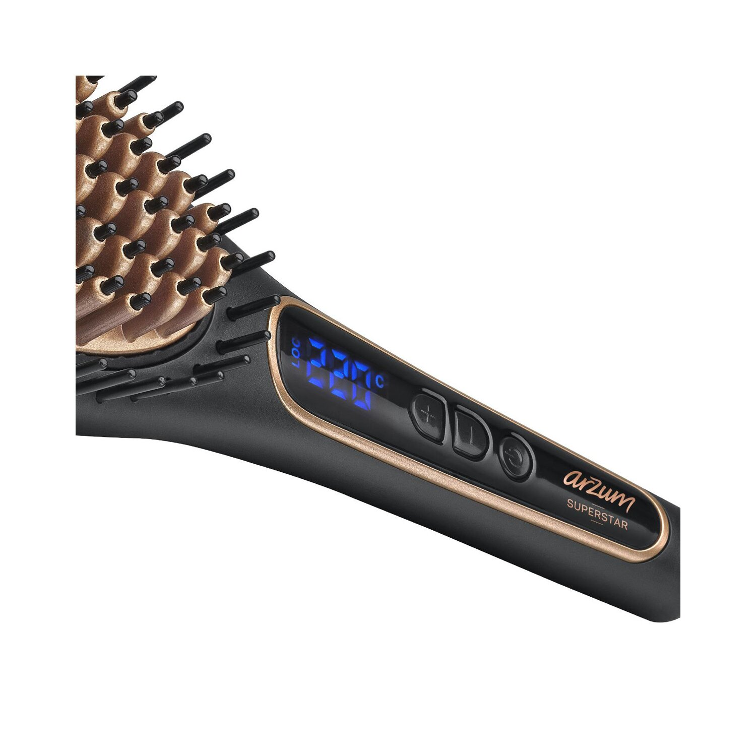 Schwarze und goldene Haarglättungsbürste mit digitaler Temperaturanzeige.