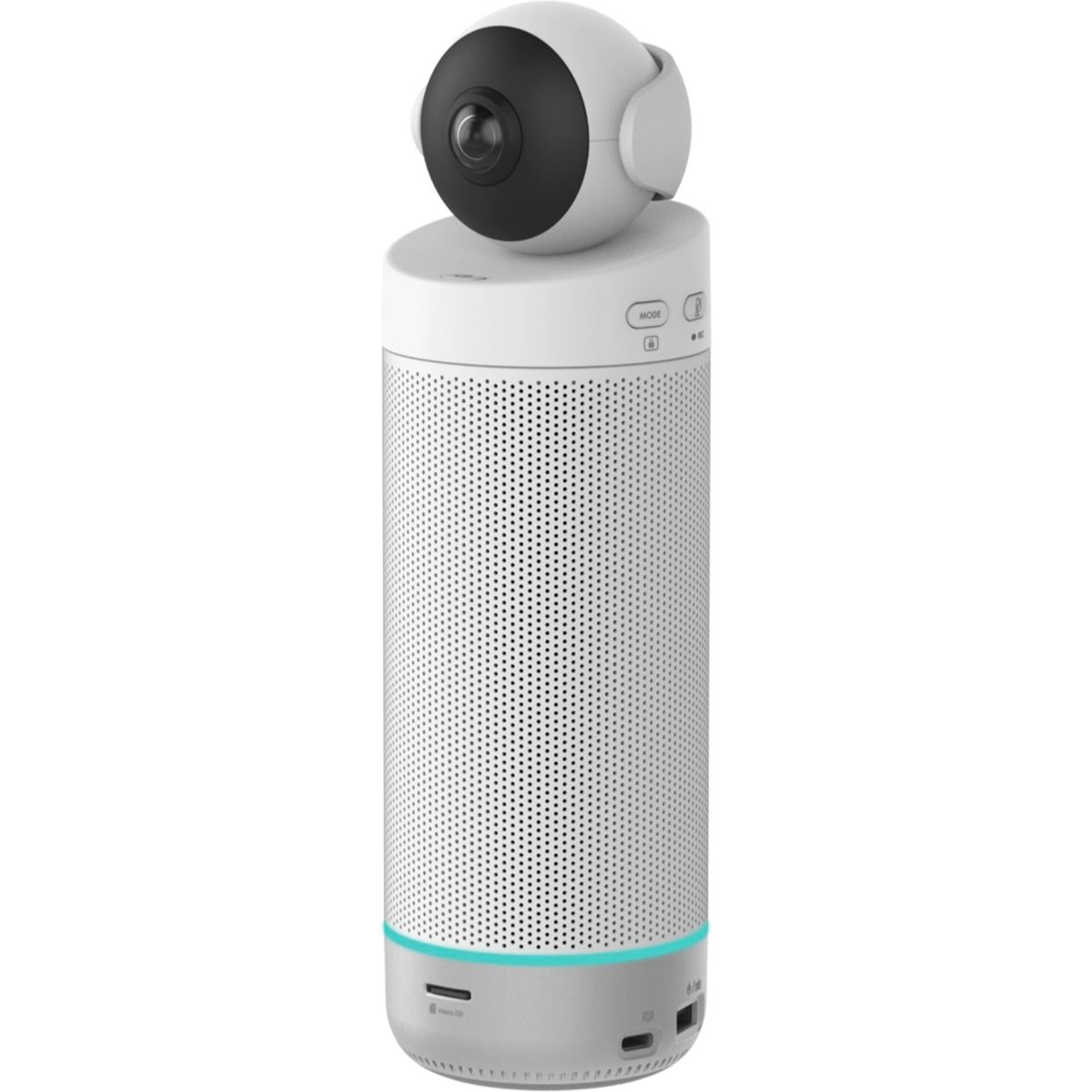 Weiße Smart-Kamera mit schwarzem Objektiv oben.