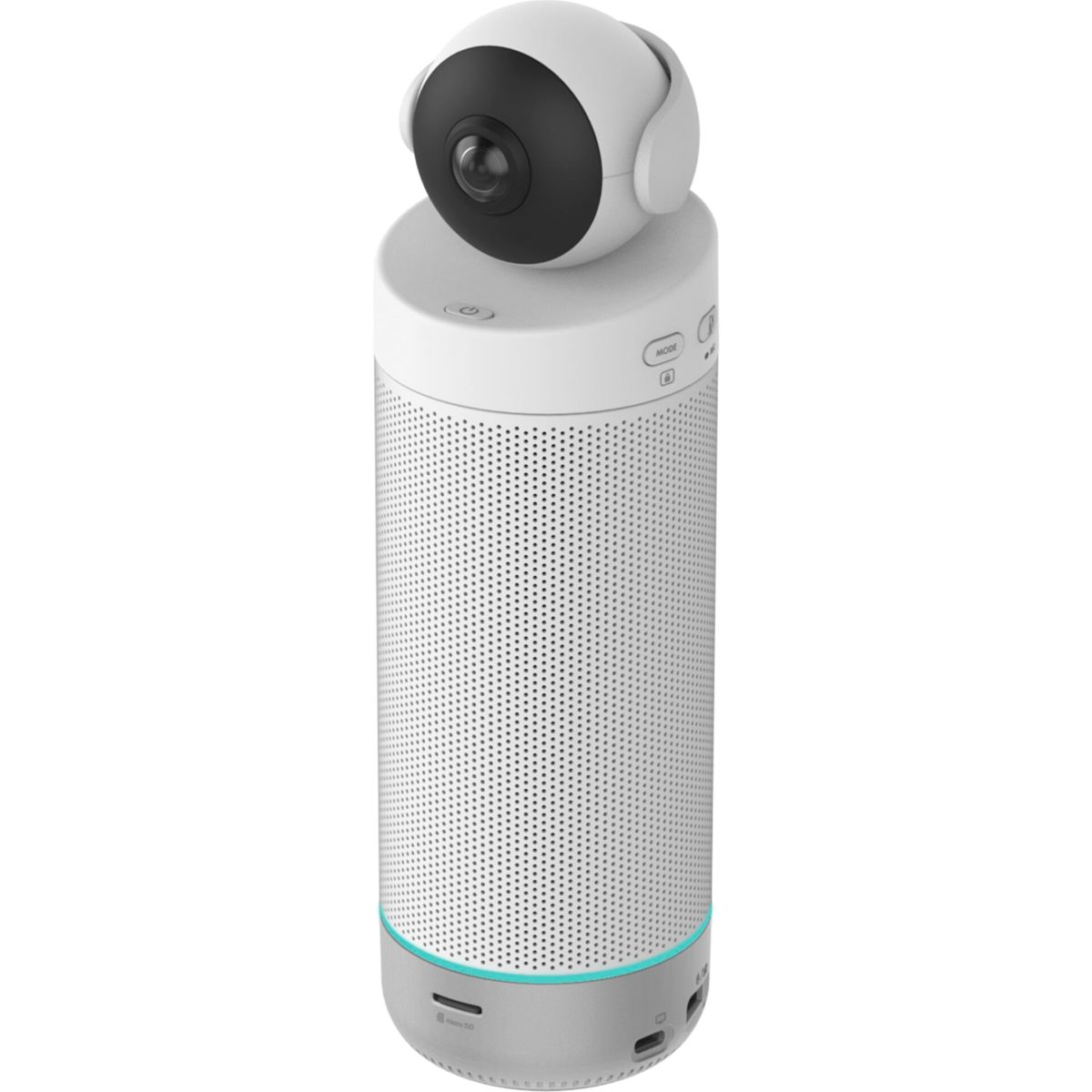 Weiße und graue Smart-Home-Kamera mit drehbarem Kopf, auf weißem Hintergrund.