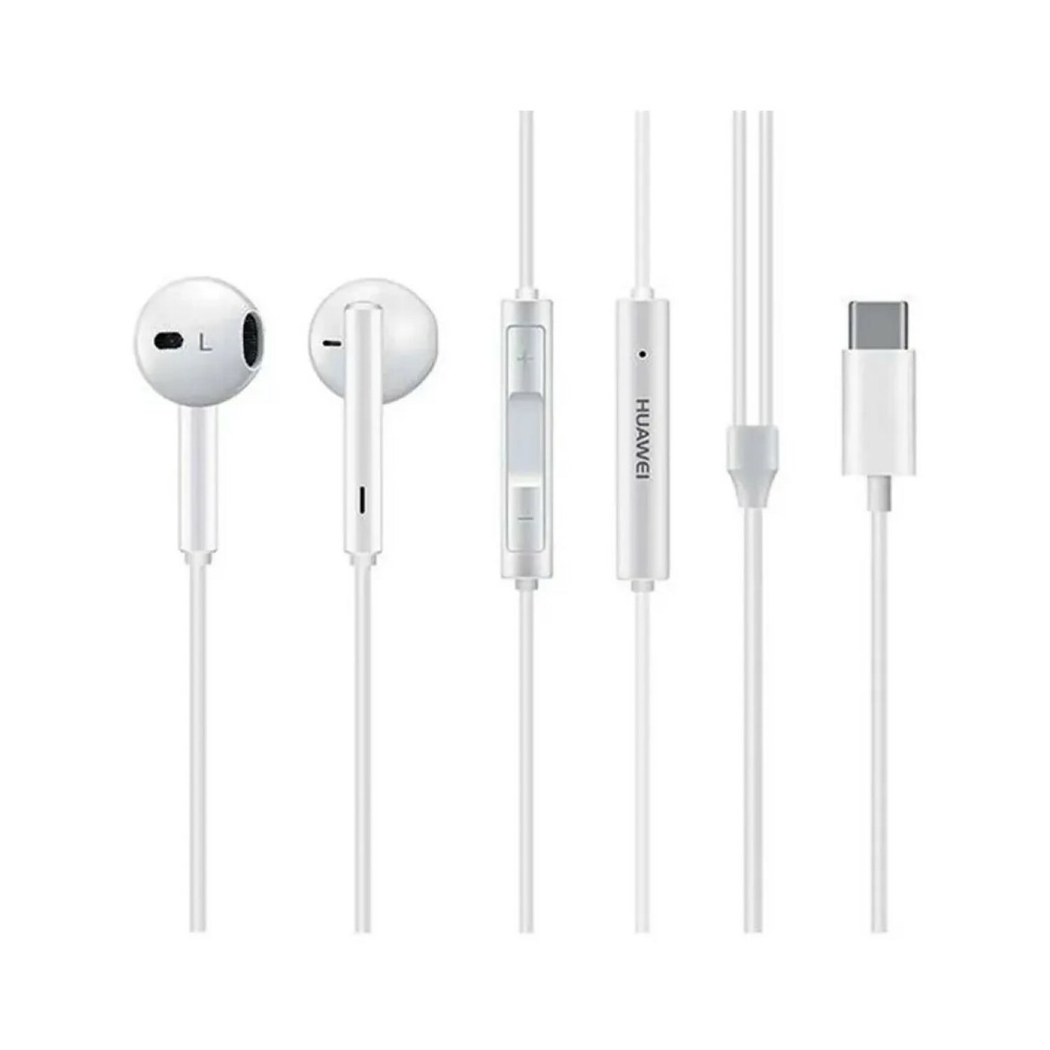 Weiße Ohrhörer mit weißem Kabel und Steuermodul. Ein USB-C-Anschluss wird gezeigt.