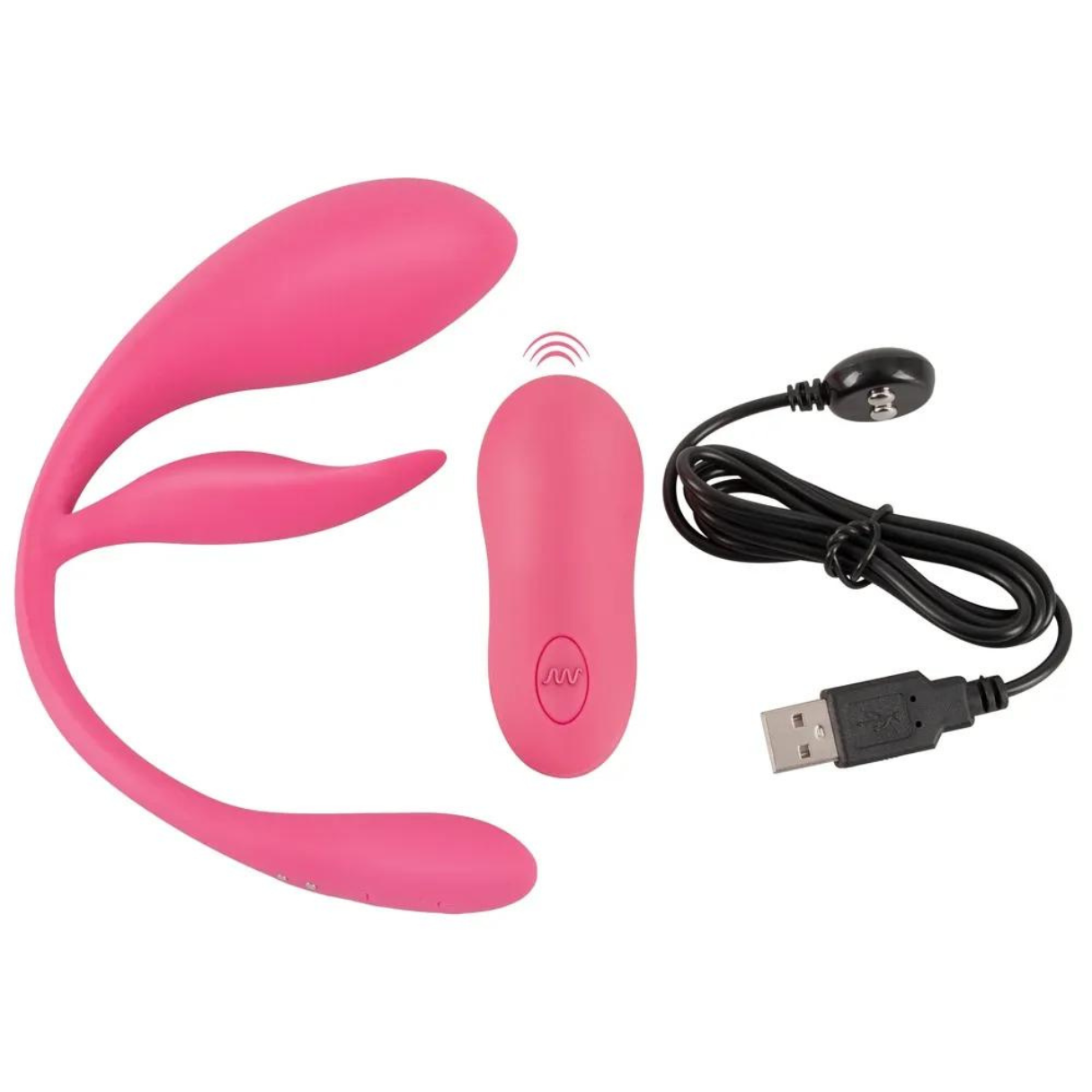 Rosa Vibrator und Fernbedienung mit USB-Ladekabel auf weißem Hintergrund.