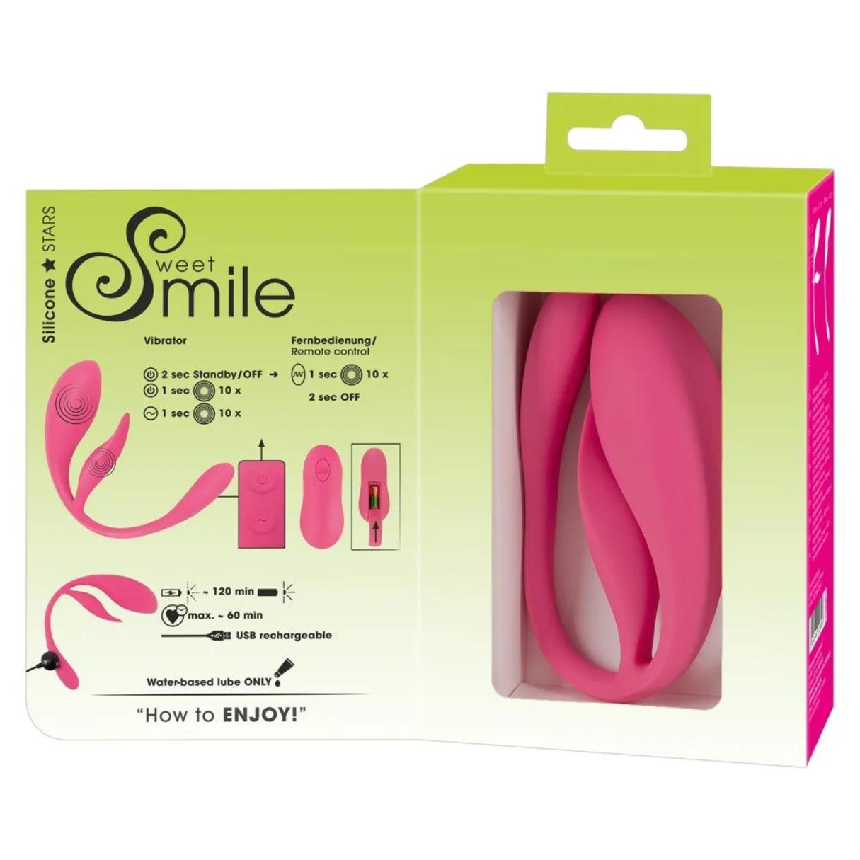 Ein pinkfarbenes Vibratorprodukt wird in seiner Verpackung mit Fernbedienung und Anleitung gezeigt.