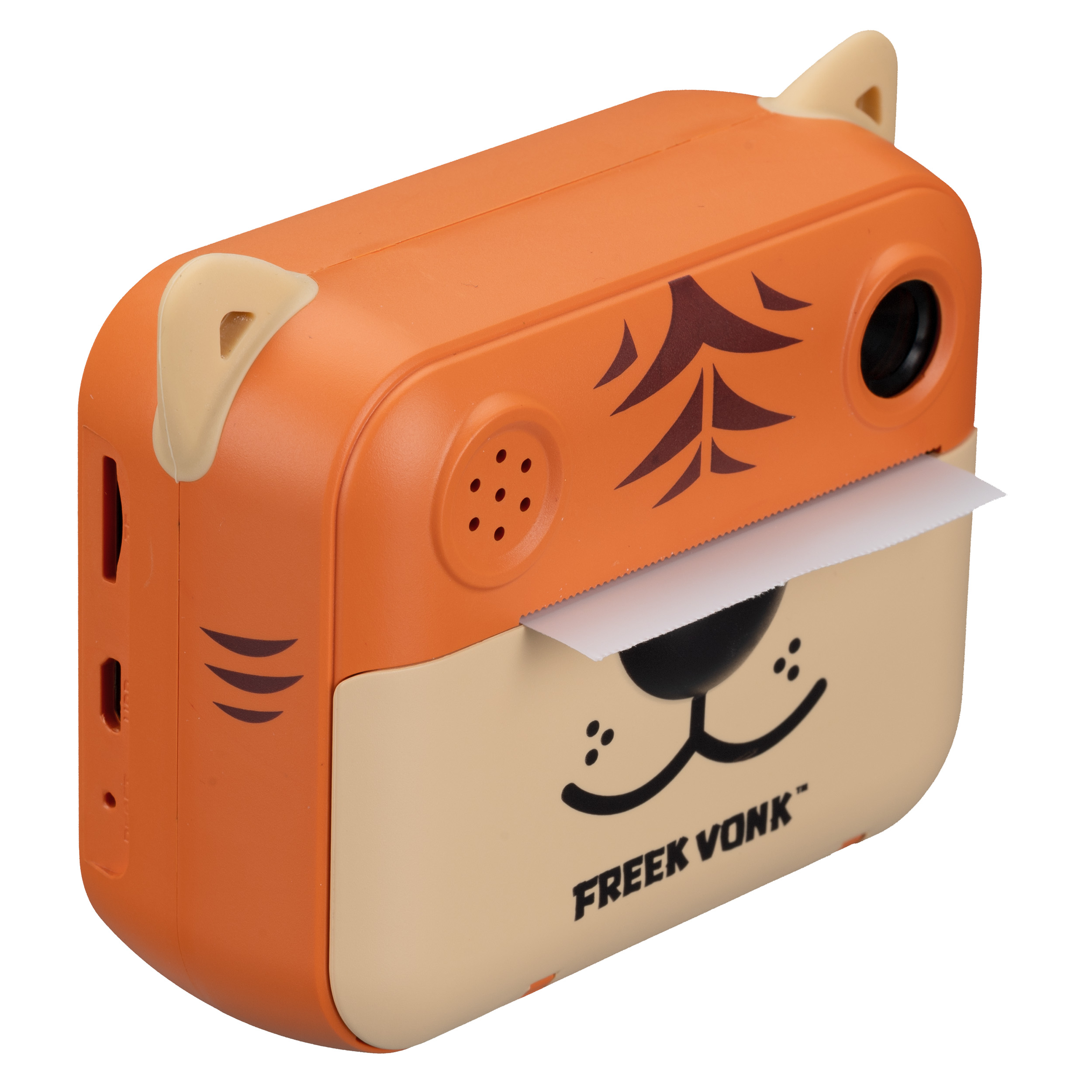Una impresora con forma de tigre con colores naranja y beige, imprimiendo papel.