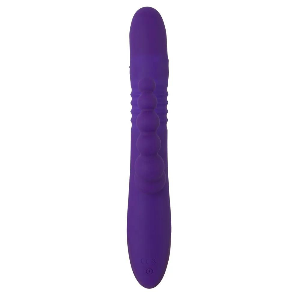 Lila Vibrator mit mehreren Kugeln am Schaft. Es ist ein glattes, geschwungenes Design.