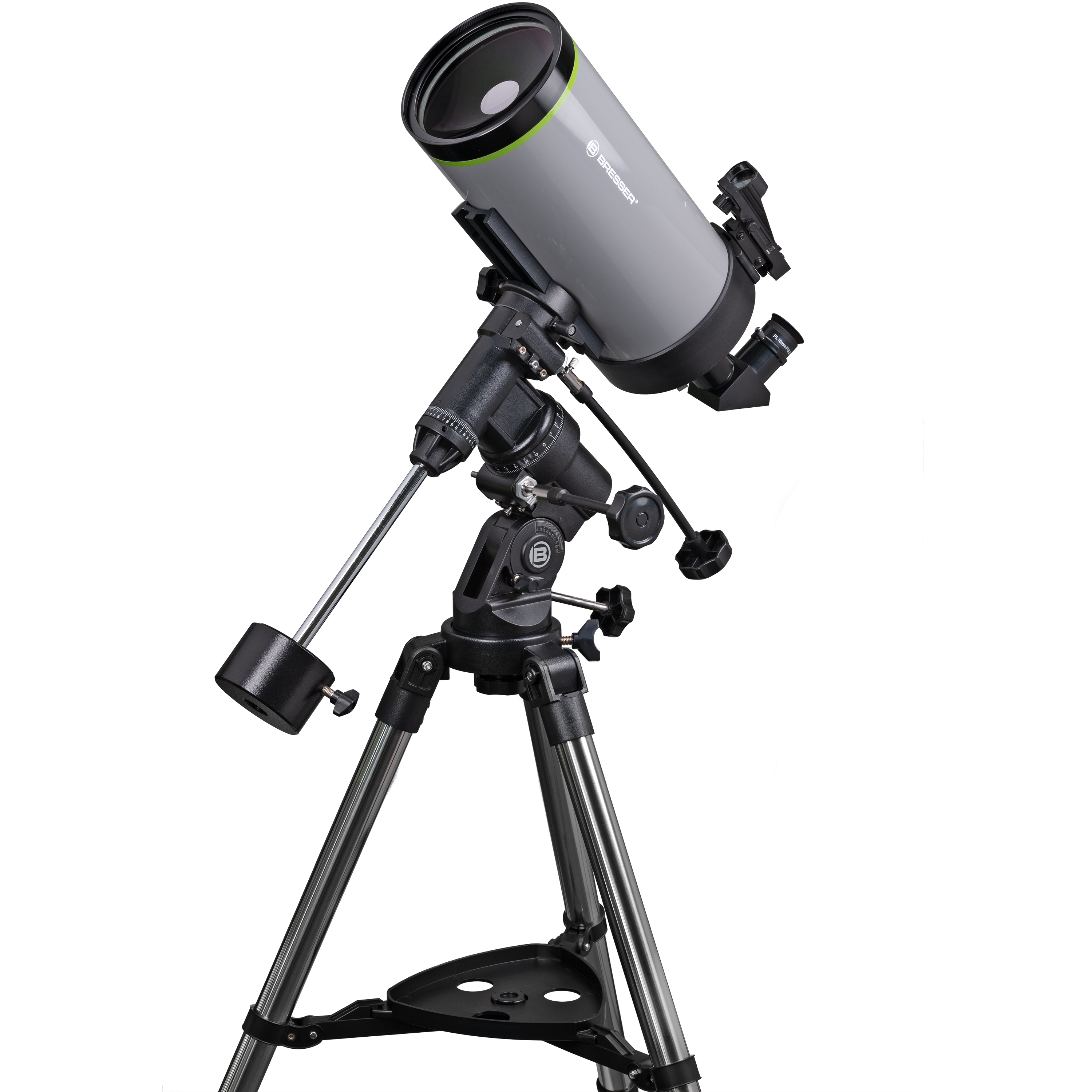 Un telescopio sobre un trípode, fondo blanco.