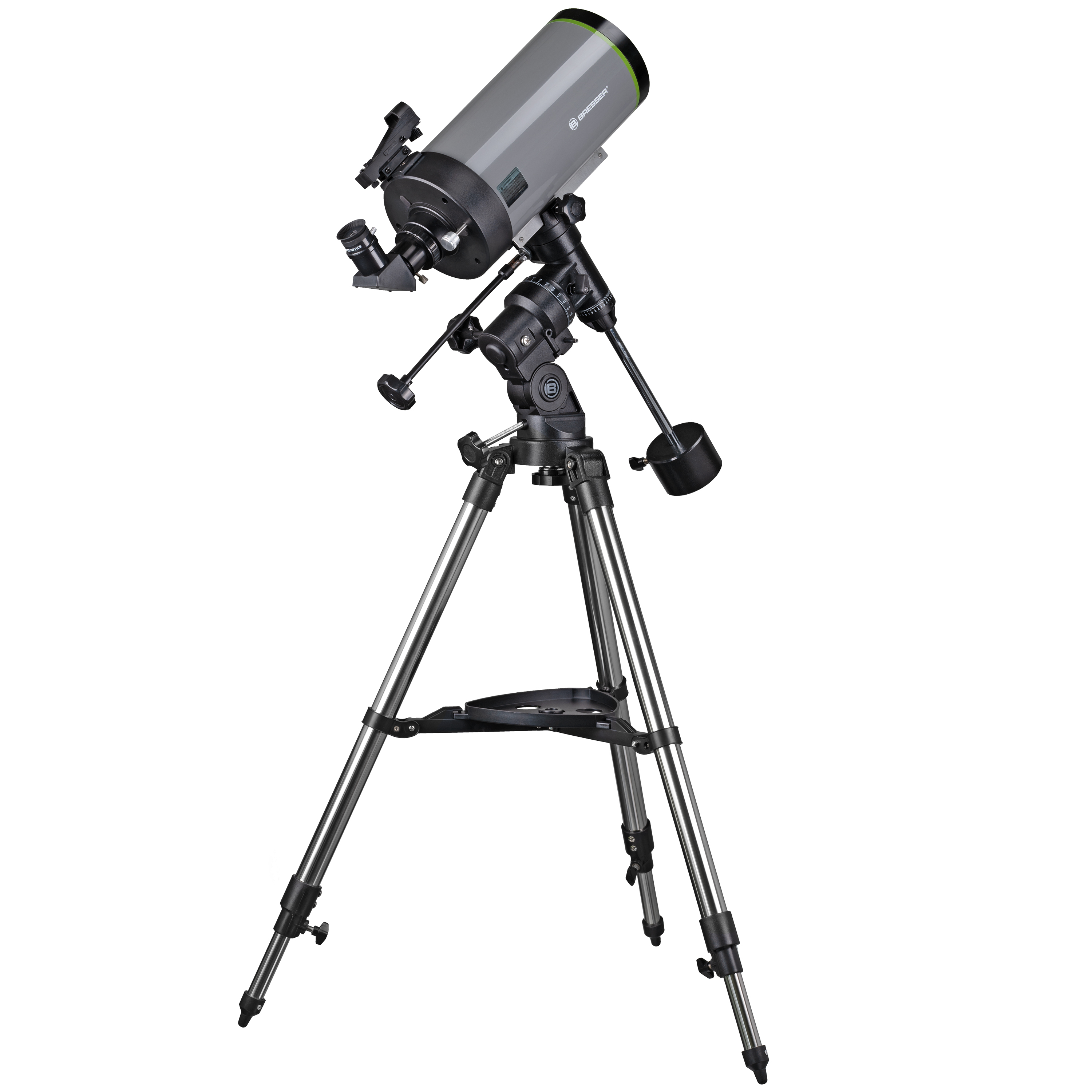 Un telescopio gris sobre un trípode, colocado sobre un fondo blanco, listo para la observación.