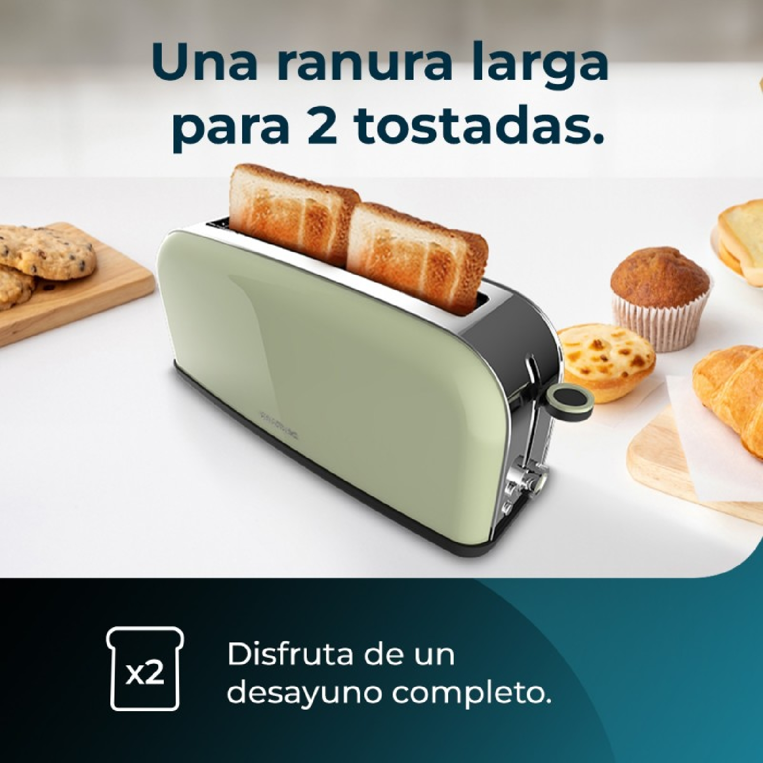 Tostadora con dos rebanadas de pan tostado. Texto: 'Disfruta de un desayuno completo'.