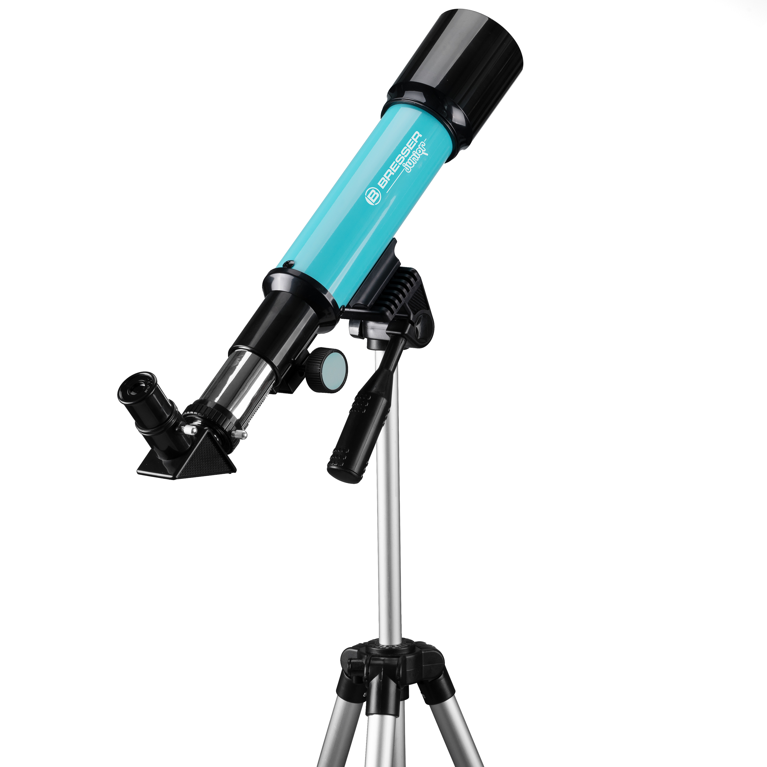 Un telescopio blu su un treppiede, con un oculare nero e un supporto nero e argento.