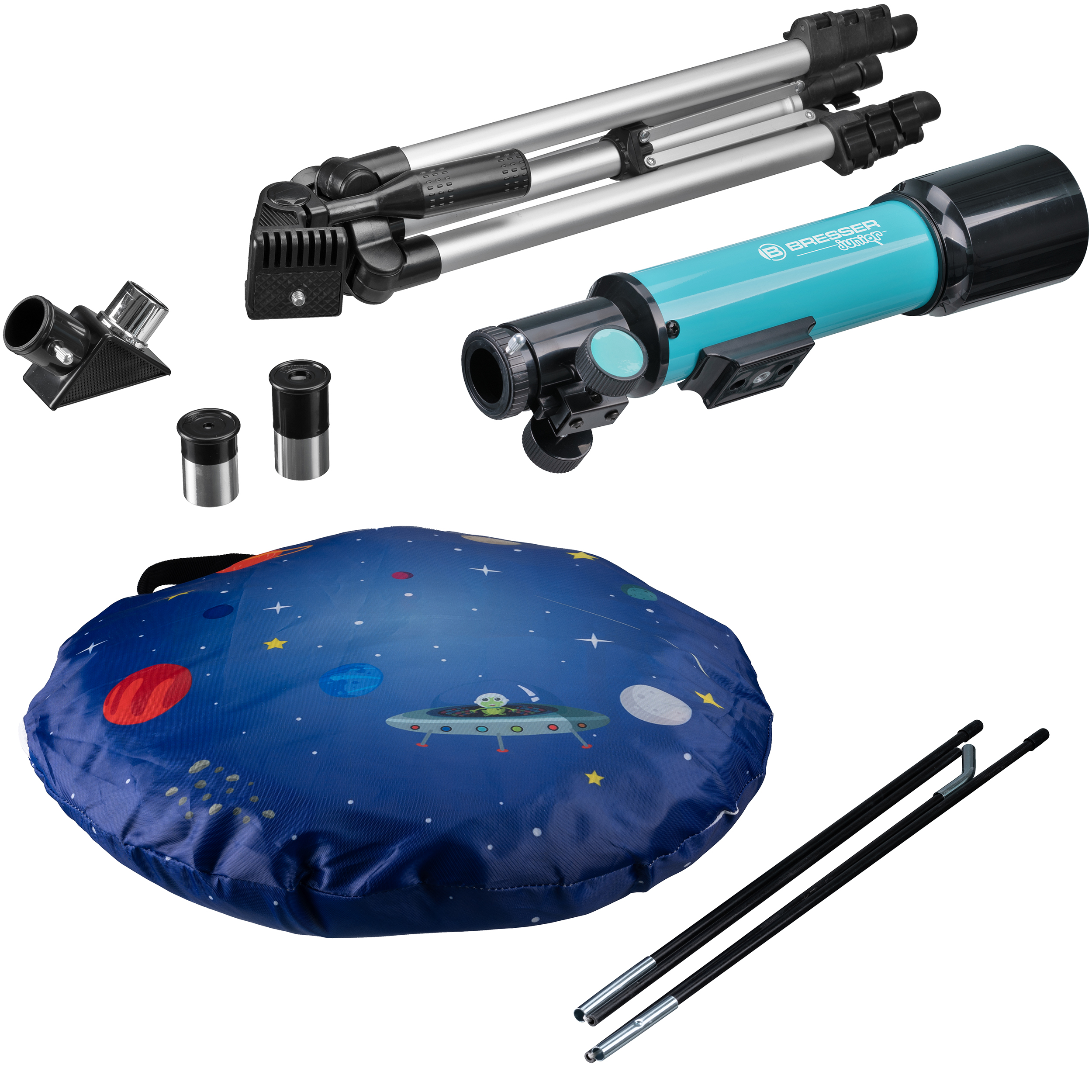 Un telescopio, un treppiede e accessori sono mostrati. Sono presenti anche una borsa con un design spaziale e due pali.
