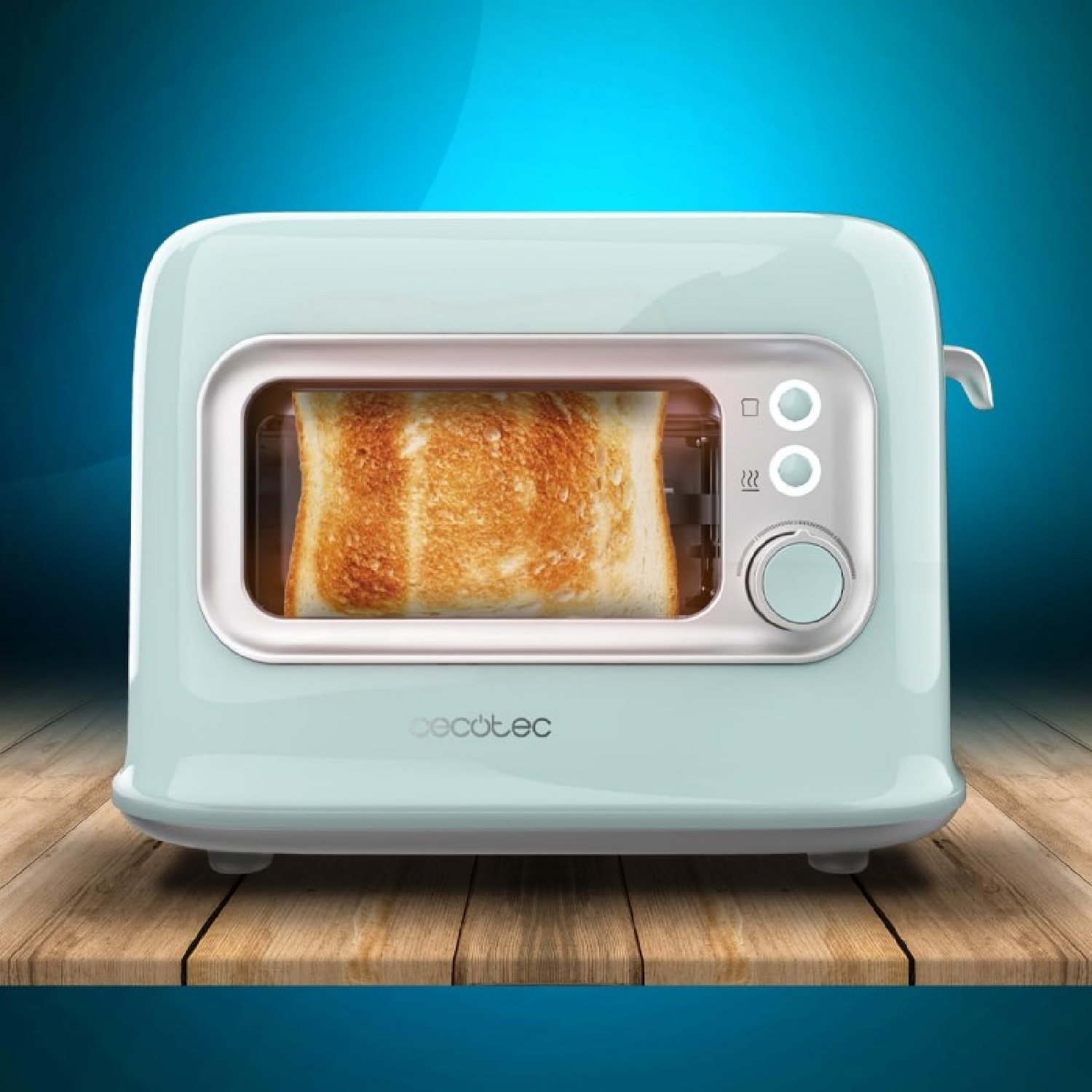 Turkusowy toster z kromką tostowanego chleba w środku, na drewnianej powierzchni.