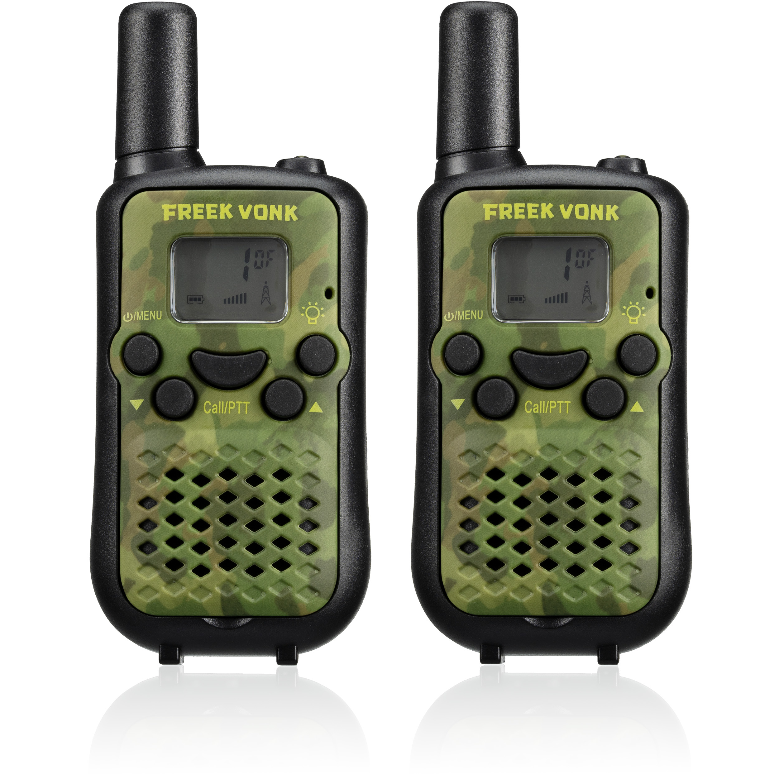 Dos walkie-talkies negros y verdes con pantallas digitales y botones, con el nombre de la marca.