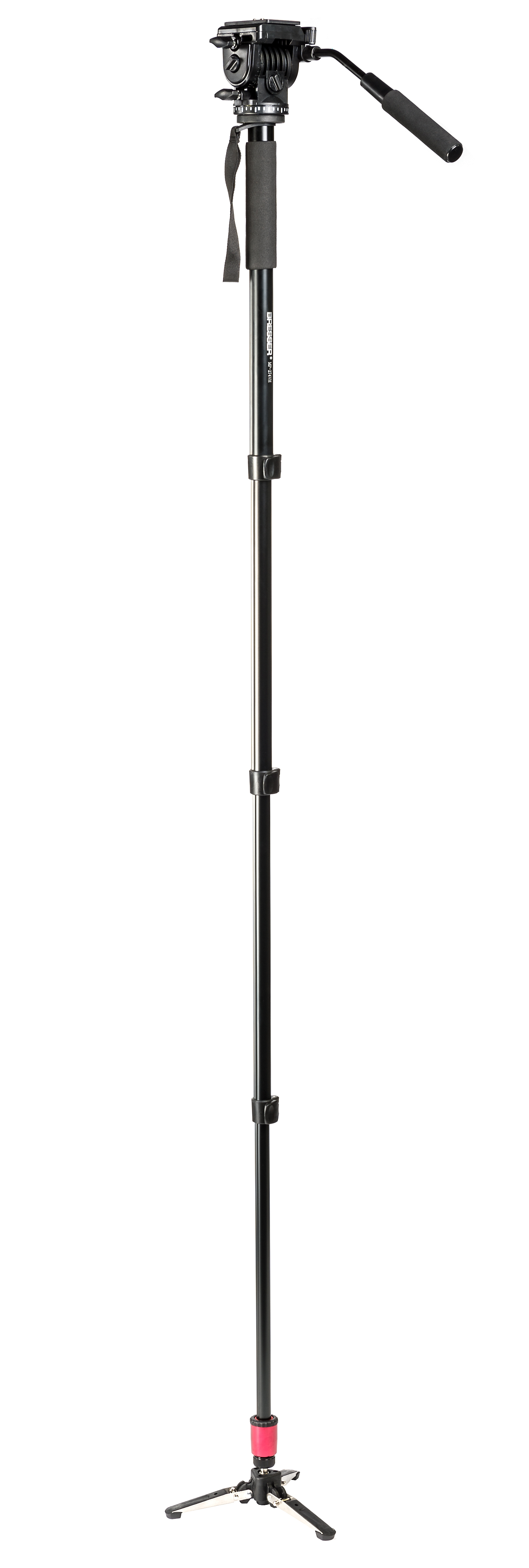 Trípode, negro con altura extendida. Cabezal, secciones de pierna y base roja.