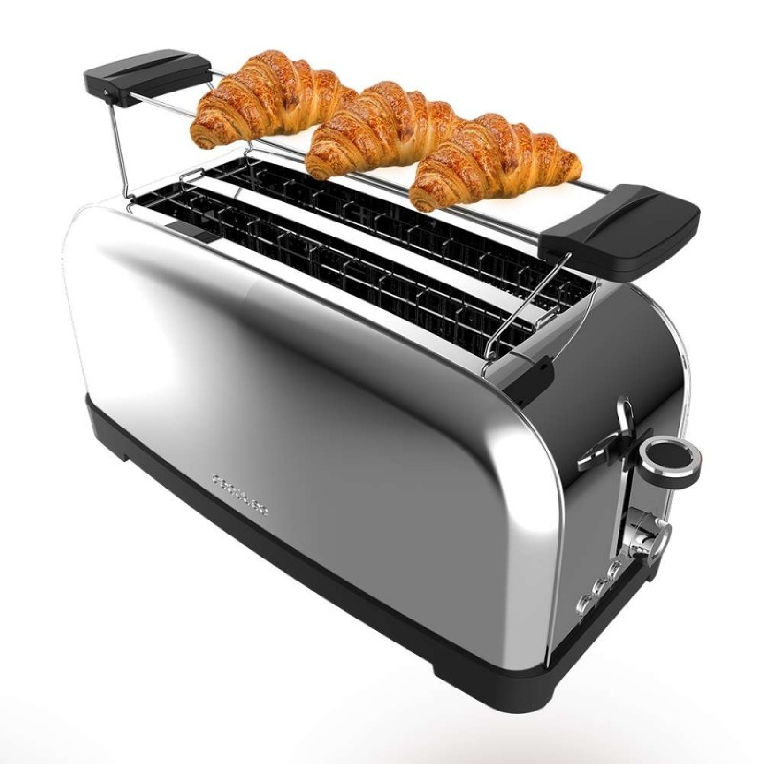 Un tostapane cromato con tre croissant sopra. Il tostapane è su sfondo bianco. I croissant sono dorati.