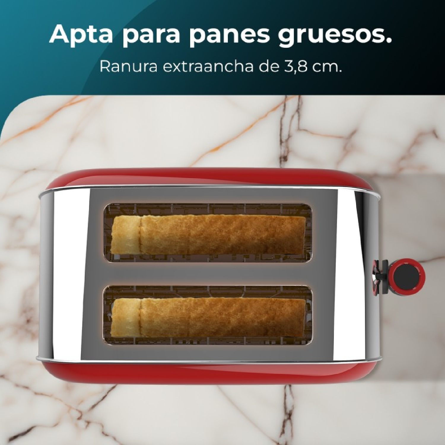 Tostapane rosso e argento con due fette di pane tostato.