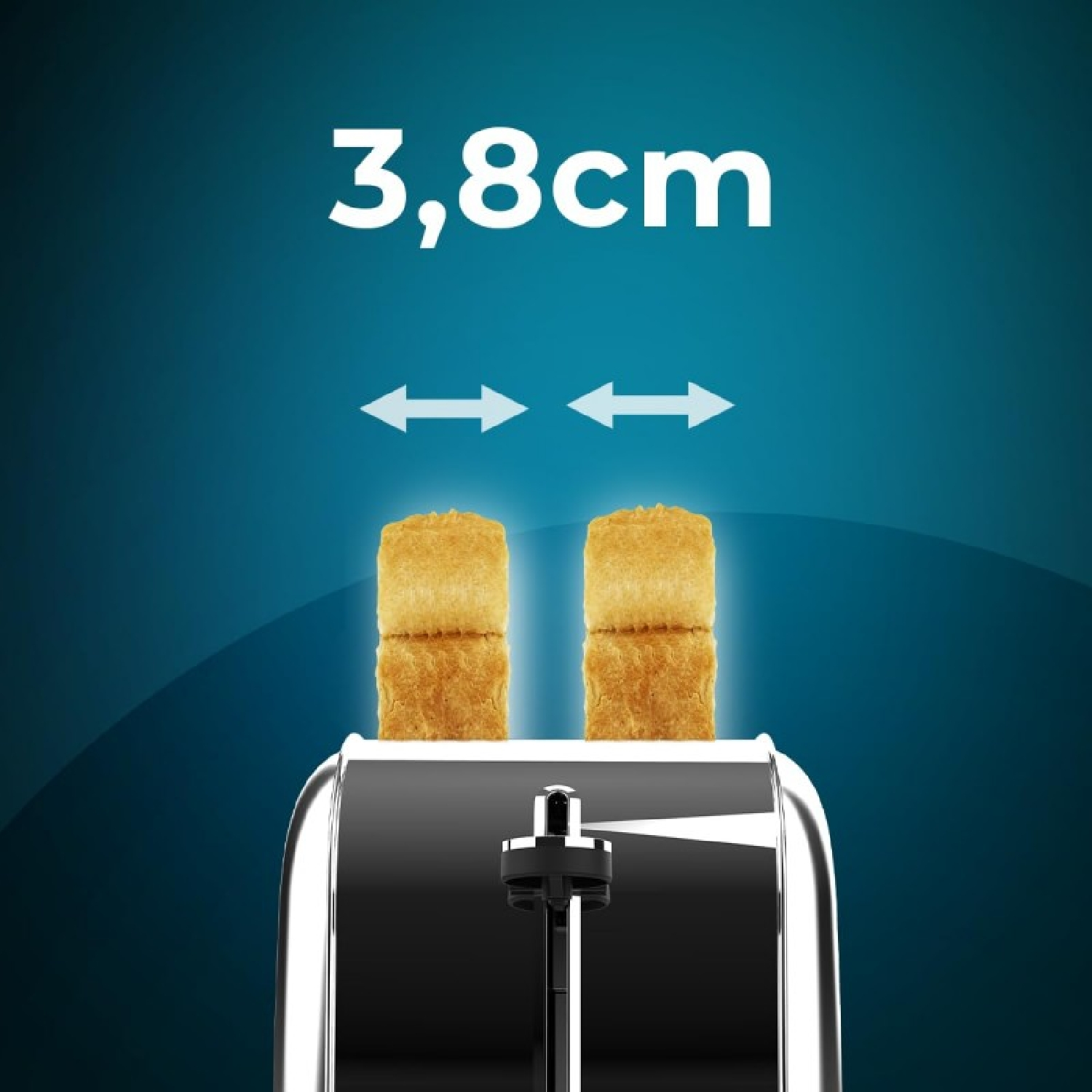 Un tostapane con due fette di toast dorate, con '3,8cm' sopra.