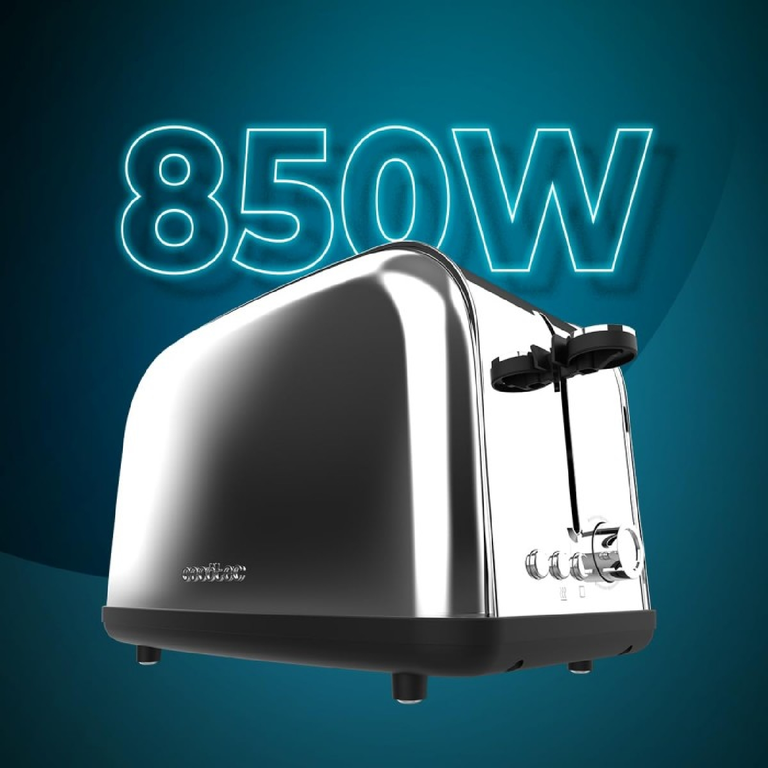 Un tostapane argentato con la parola '850W' in neon blu sopra su uno sfondo blu sfocato.