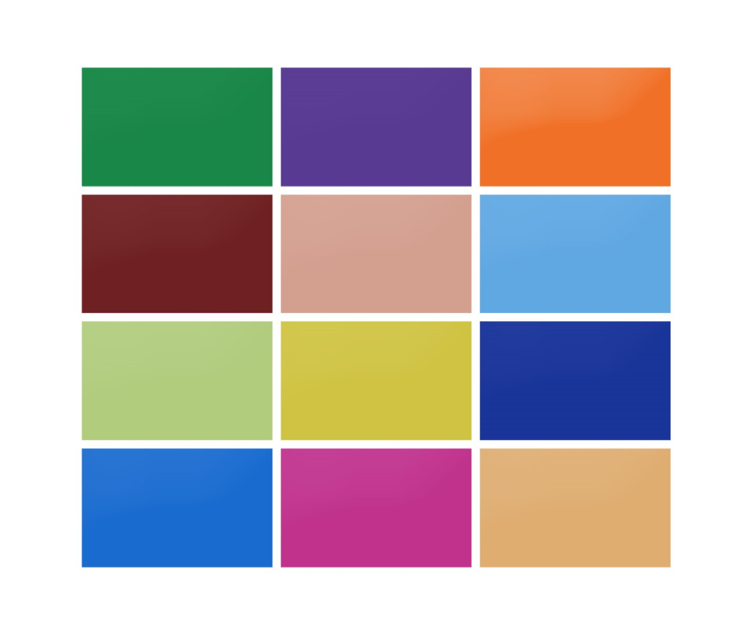 Ein Raster von 12 farbigen Quadraten: grün, lila, orange, weinrot, beige, blau usw.